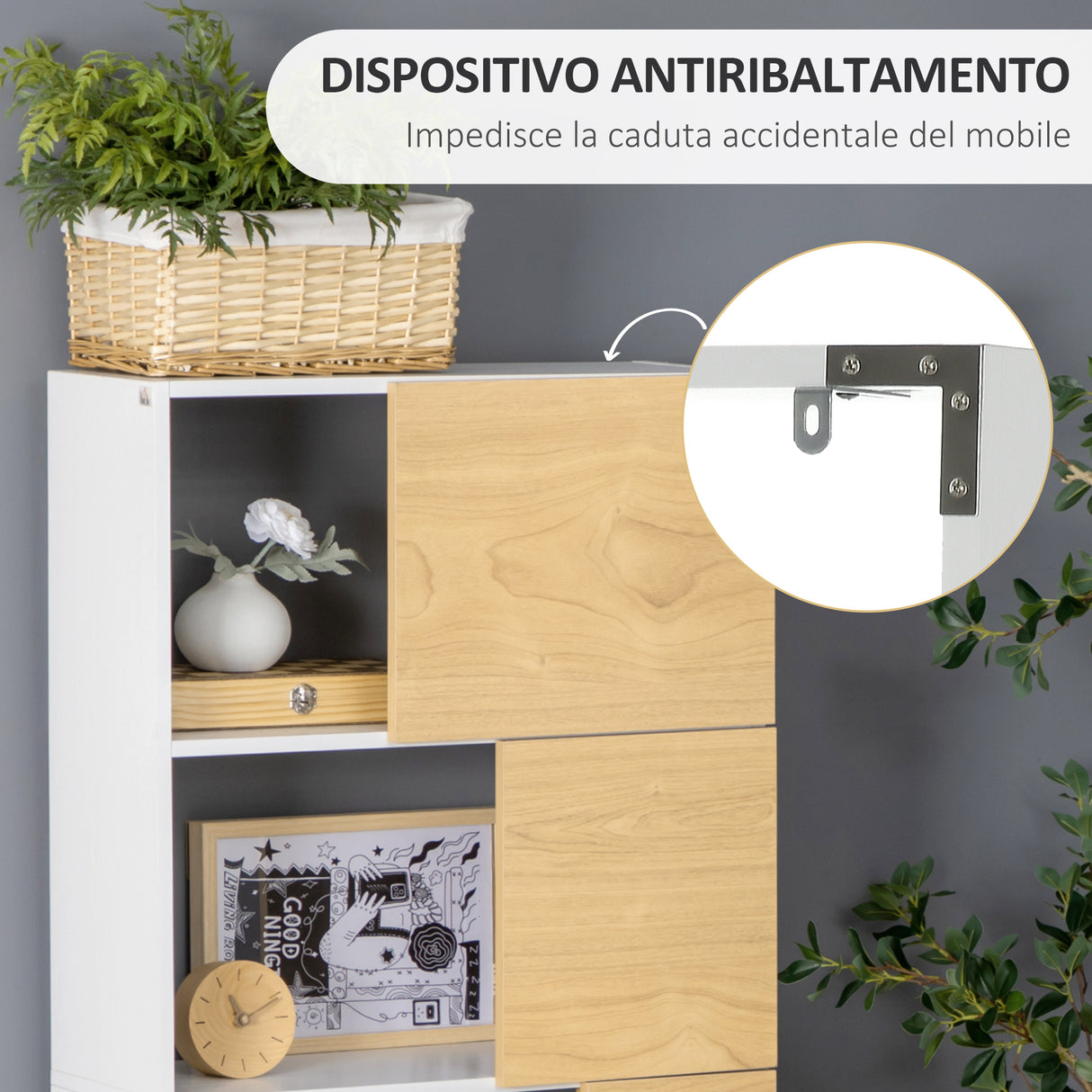 easycomfort easycomfort libreria moderna con scaffali asimmetrici e ante soft close 63x22x166cm bianco e naturale