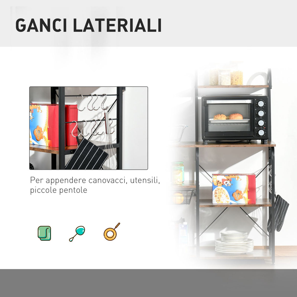easycomfort easycomfort mobile cucina con cestino estraibile 6 ripiani 4 ganci in metallo e legno marrone rustico
