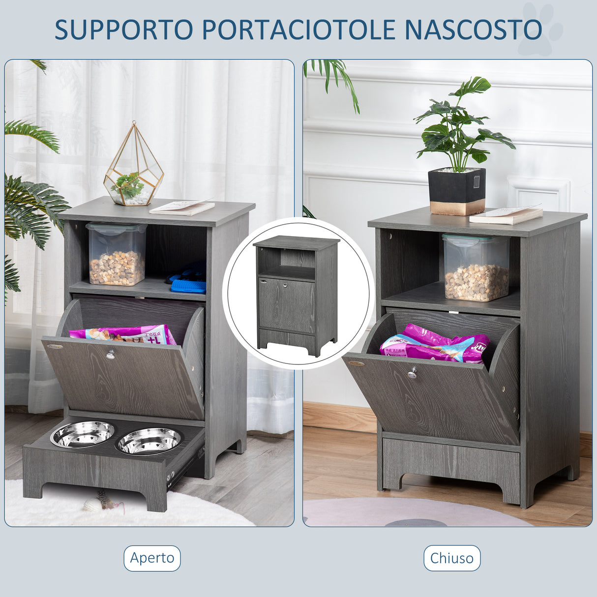 easycomfort easycomfort mobile multiuso con ciotole per cani e gatti in acciaio mobiletto in legno con anta e vano aperto grigio