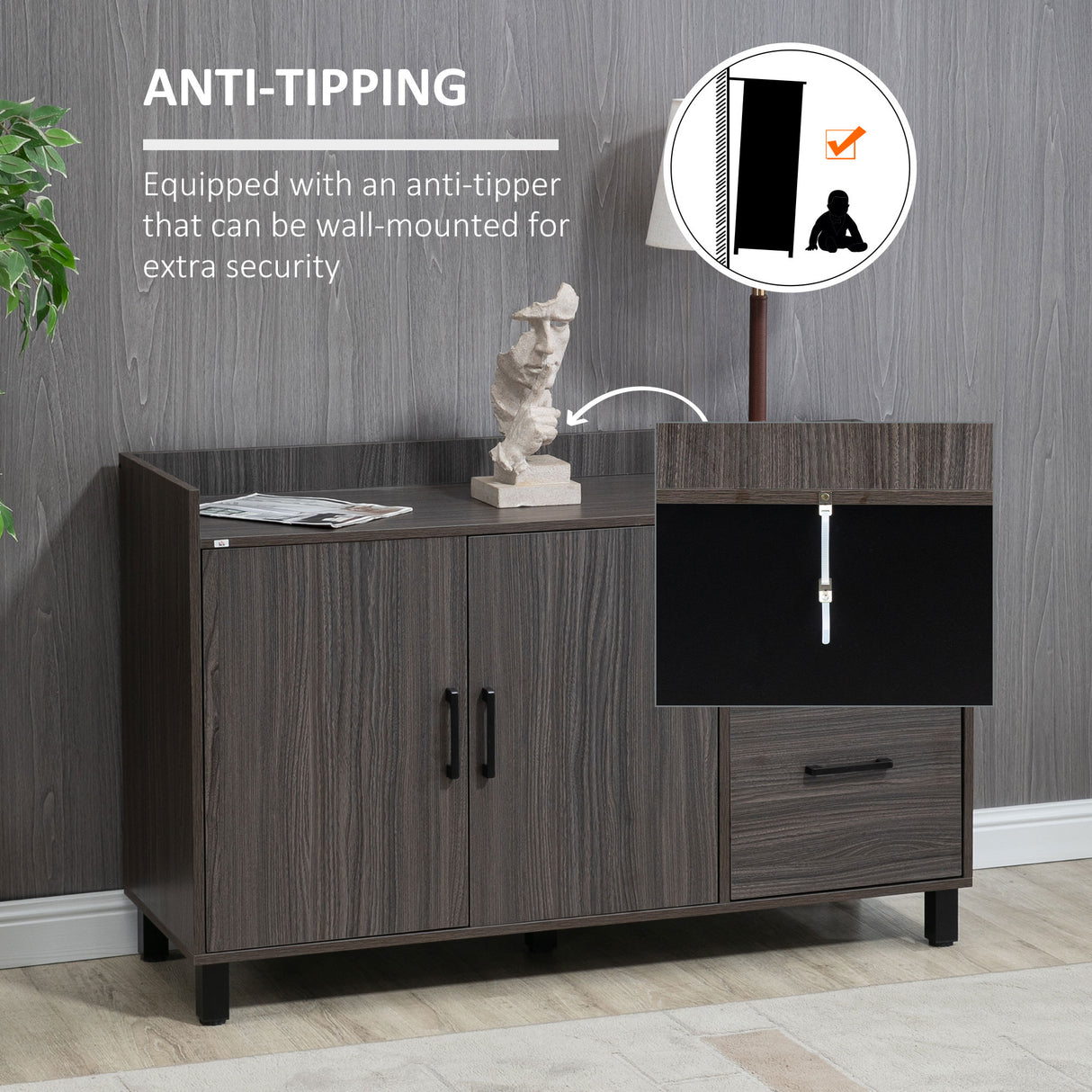 easycomfort easycomfort mobile multiuso in legno con armadietto 2 ante e cassetti 120x40x80cm grigio