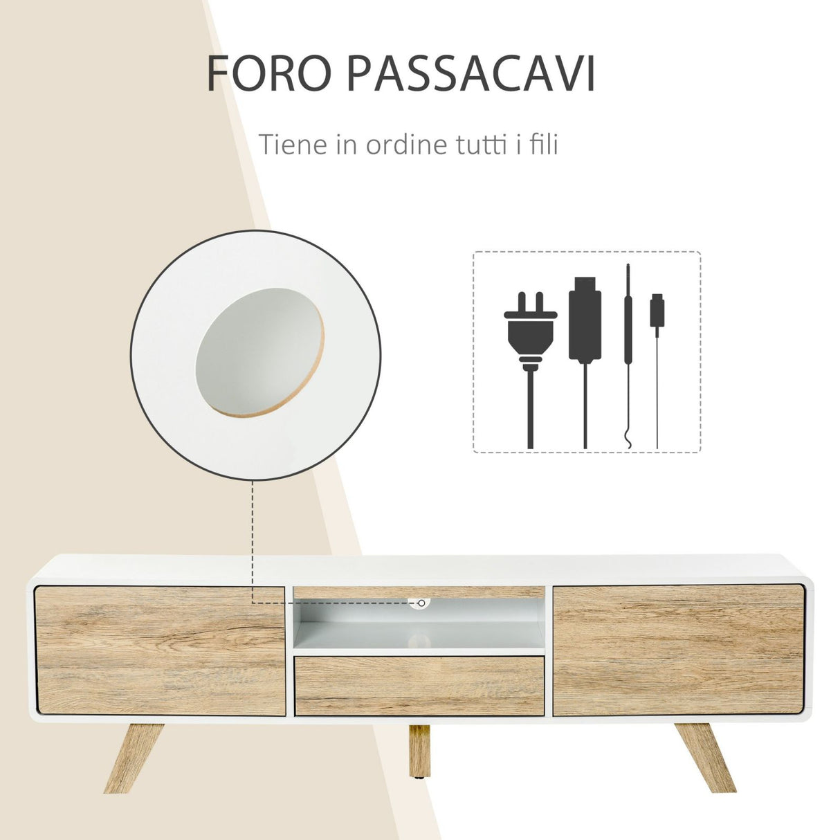 easycomfort easycomfort mobile porta tv con ante e cassetto per tv fino a 60 in mdf bianco e legno 160x40x45cm