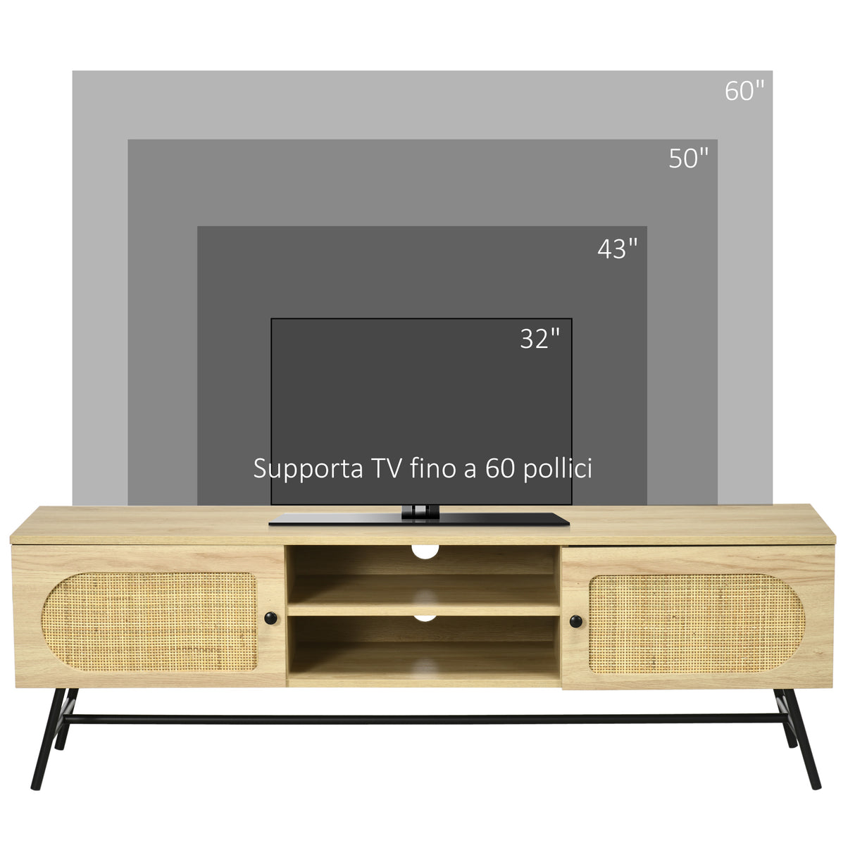 easycomfort easycomfort mobile porta tv fino 60 in legno e rattan stile boho con 2 armadietti 50x39x48 3cm naturale