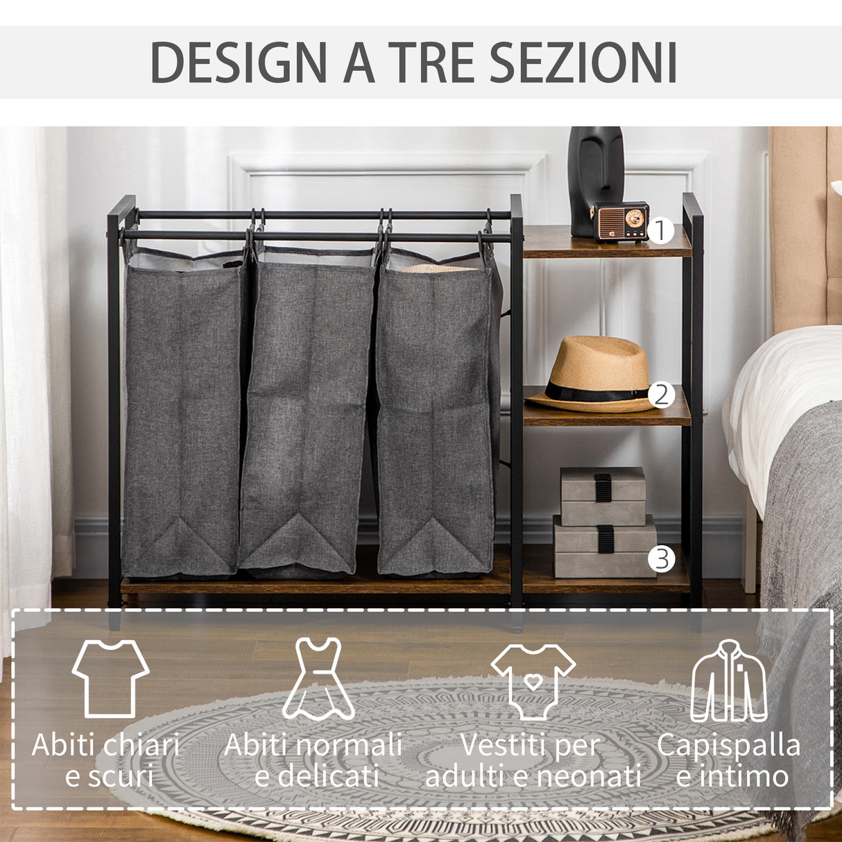 easycomfort easycomfort mobile portabiancheria in stile industriale con 3 sacchi in tessuto e 3 ripiani 106x40x75cm