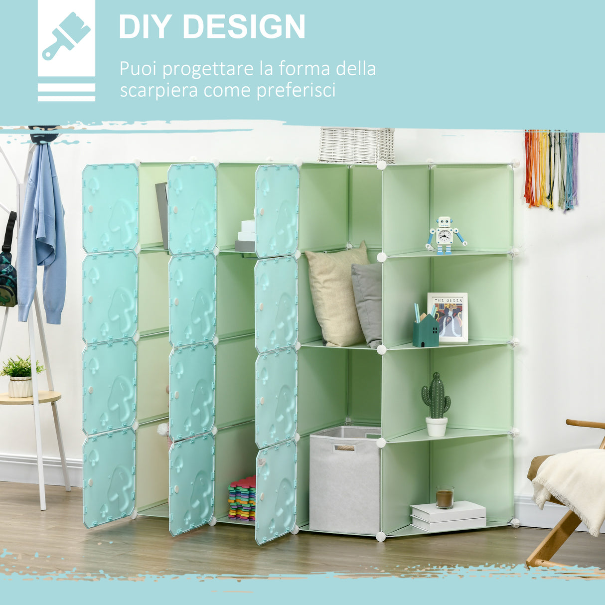 easycomfort easycomfort mobile scarpiera modulare salvaspazio a fungo 16 cubi in acciaio e pp 145x47x145 cm verde e blu