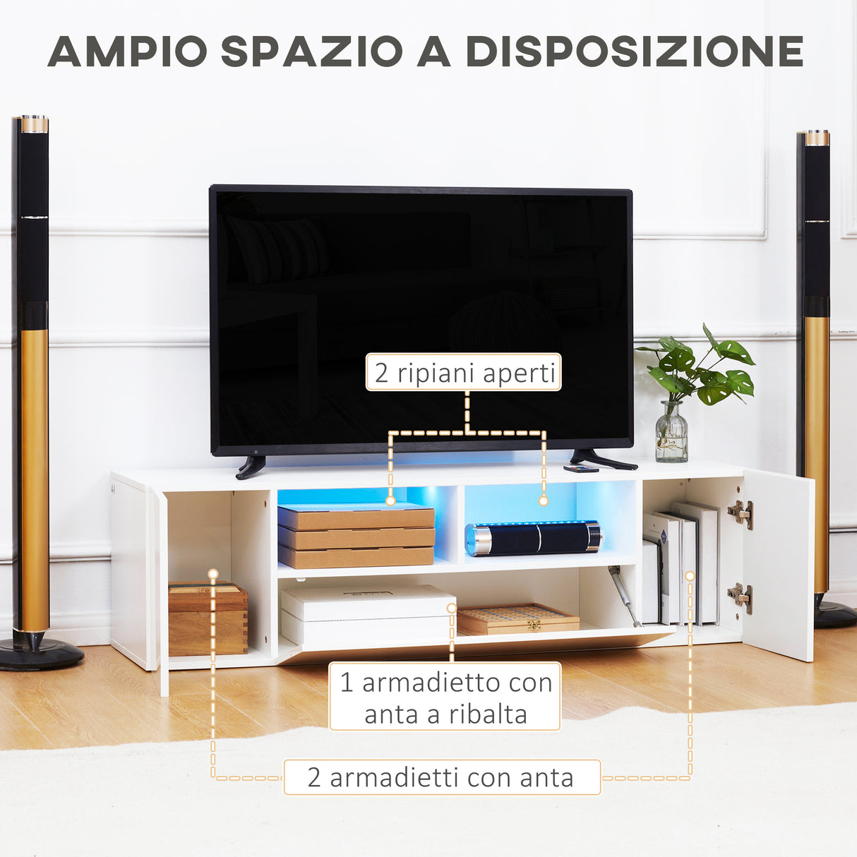 easycomfort easycomfort mobile tv 60 max in truciolato con 3 ripiani 2 armadietti e luci led 137x35x42 cm bianco lucido