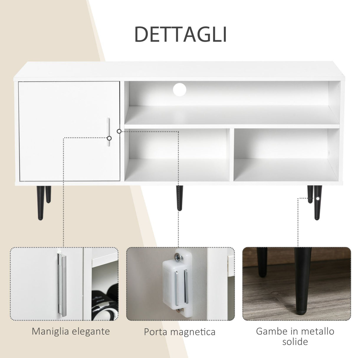 easycomfort easycomfort mobile tv fino a 60 con armadietto e 3 ripiani in legno mdf bianco 120x40x55cm