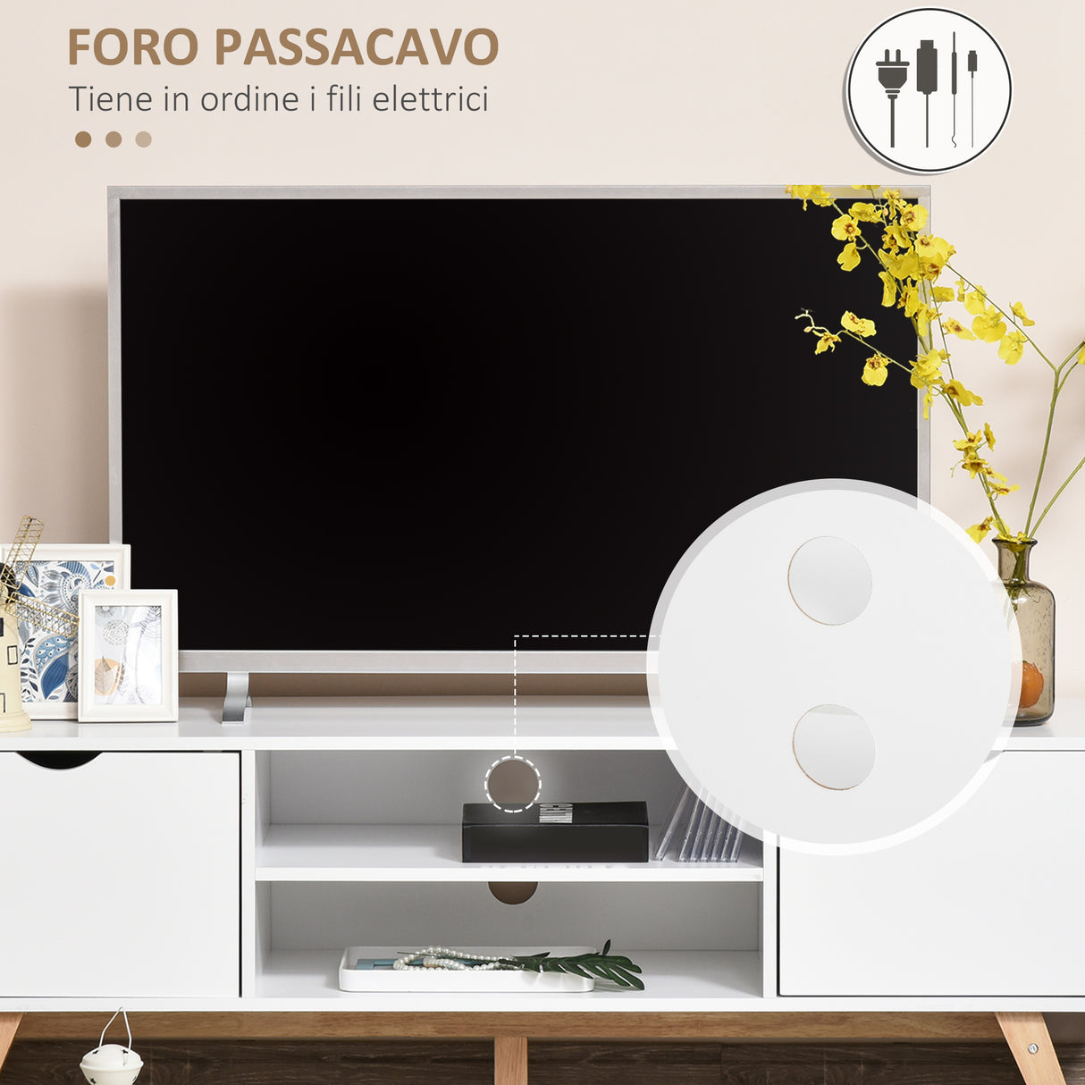 easycomfort easycomfort mobile tv max 65 in truciolato e mdf bianco con 2 credenze laterali 2 ripiani centrali 150x39x50 cm