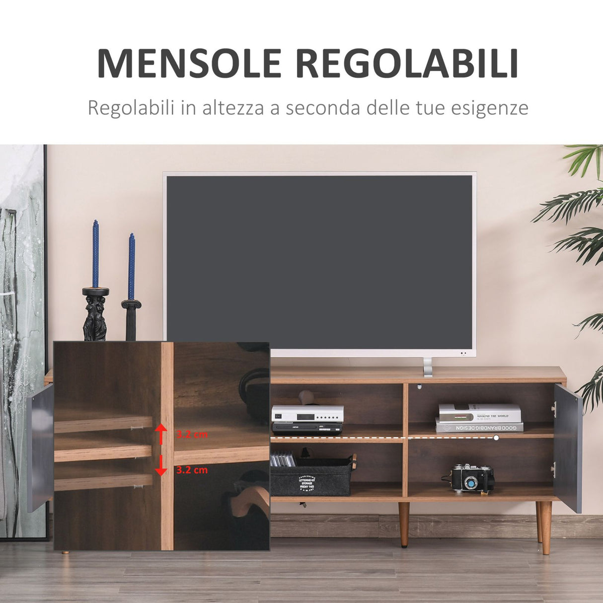 easycomfort easycomfort mobile tv per salotto con 2 armadietti con anta e mensole per tv fino 60 160x39 5x55cm teak e grigio ean 8054144137407