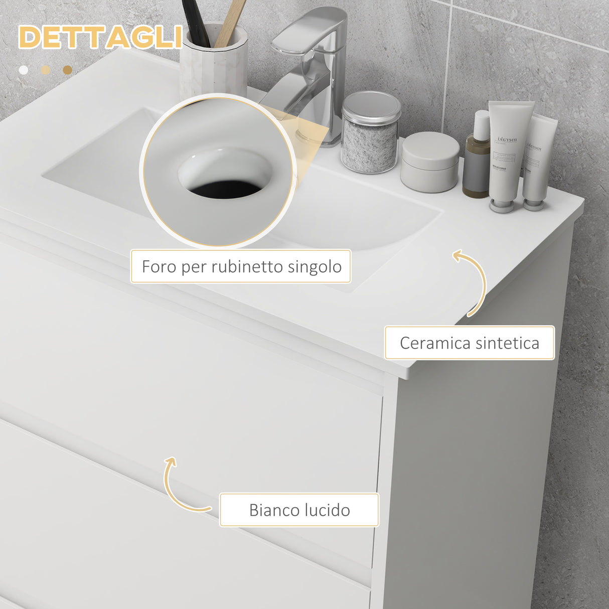 easycomfort easycomfort mobiletto bagno a 2 cassetti in truciolato con lavabo in ceramica sintetica 61x37x88 cm bianco