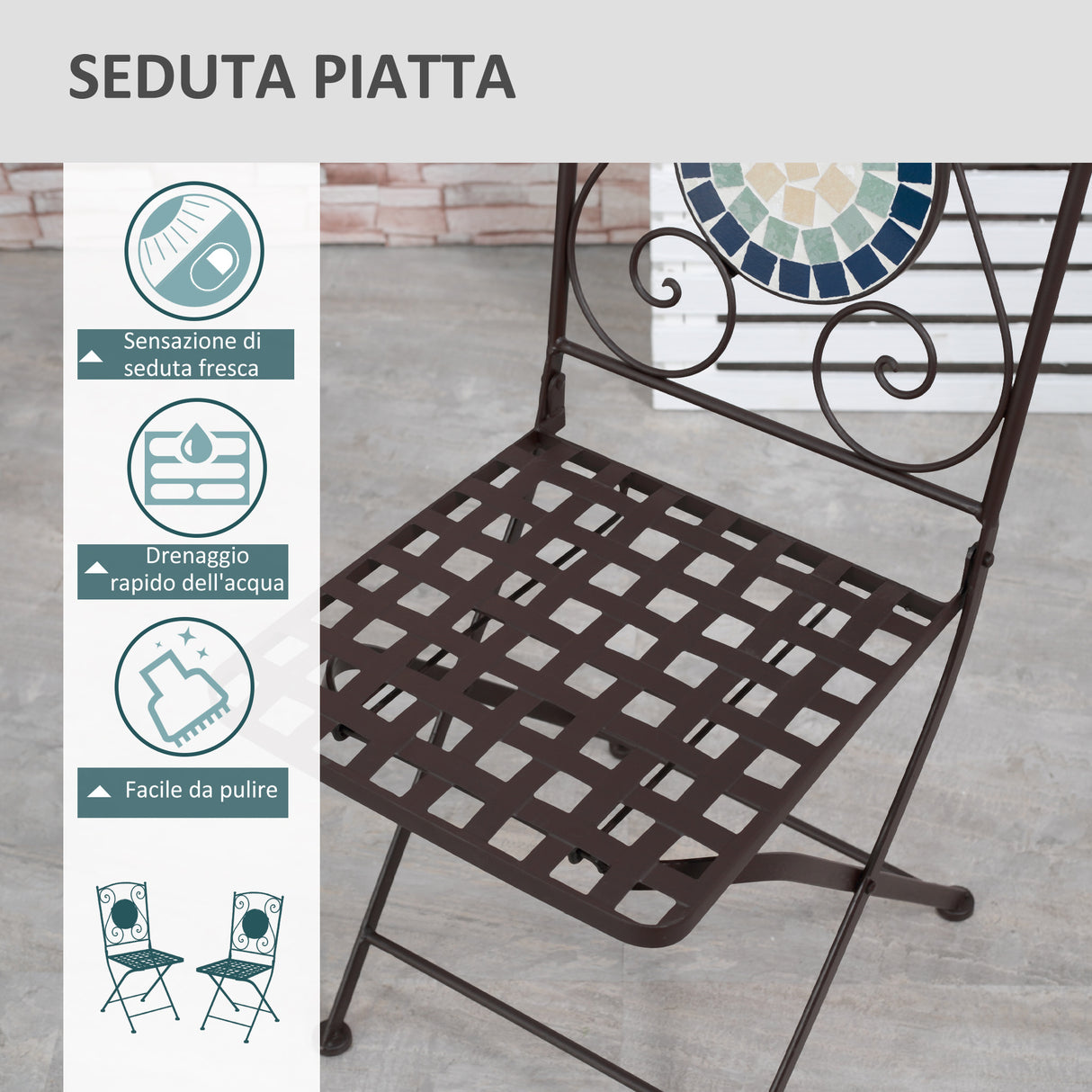easycomfort easycomfort mobili da giardino set 3 pezzi con 2 sedie pieghevoli e 1 tavolino rotondo in metallo e ceramica