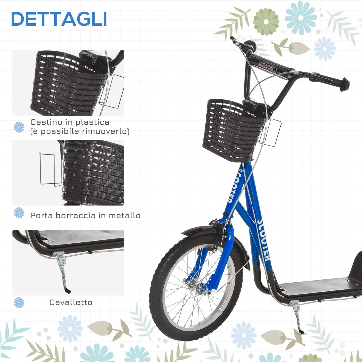 easycomfort easycomfort monopattino per bambini con ruote grandi 2 freni e manubrio regolabile cestino e porta borraccia blu