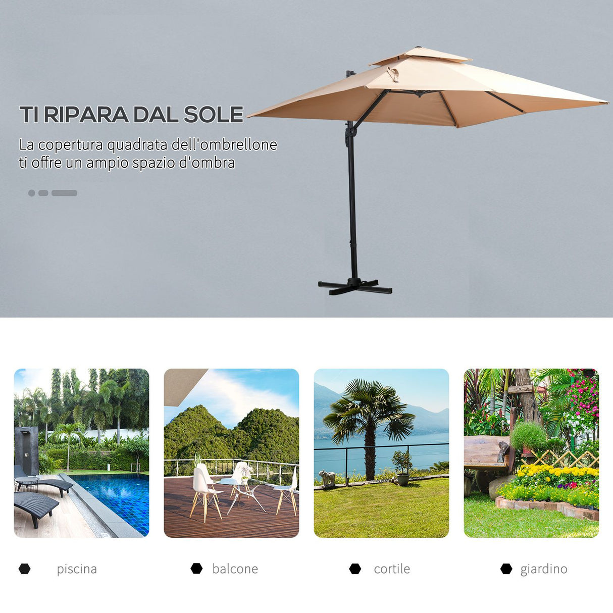 easycomfort easycomfort ombrellone da giardino 294x294cm a braccio con manovella girevole a 360 e inclinazione regolabile khaki ean 8055776914893