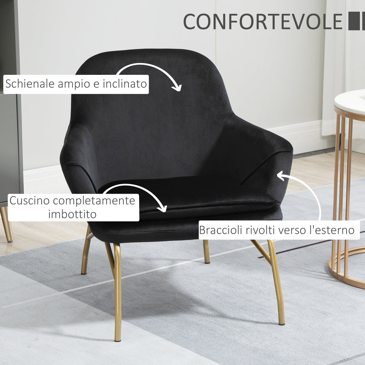 easycomfort easycomfort poltrona imbottita in velluto con braccioli e schienale alto 74x68x77cm nero