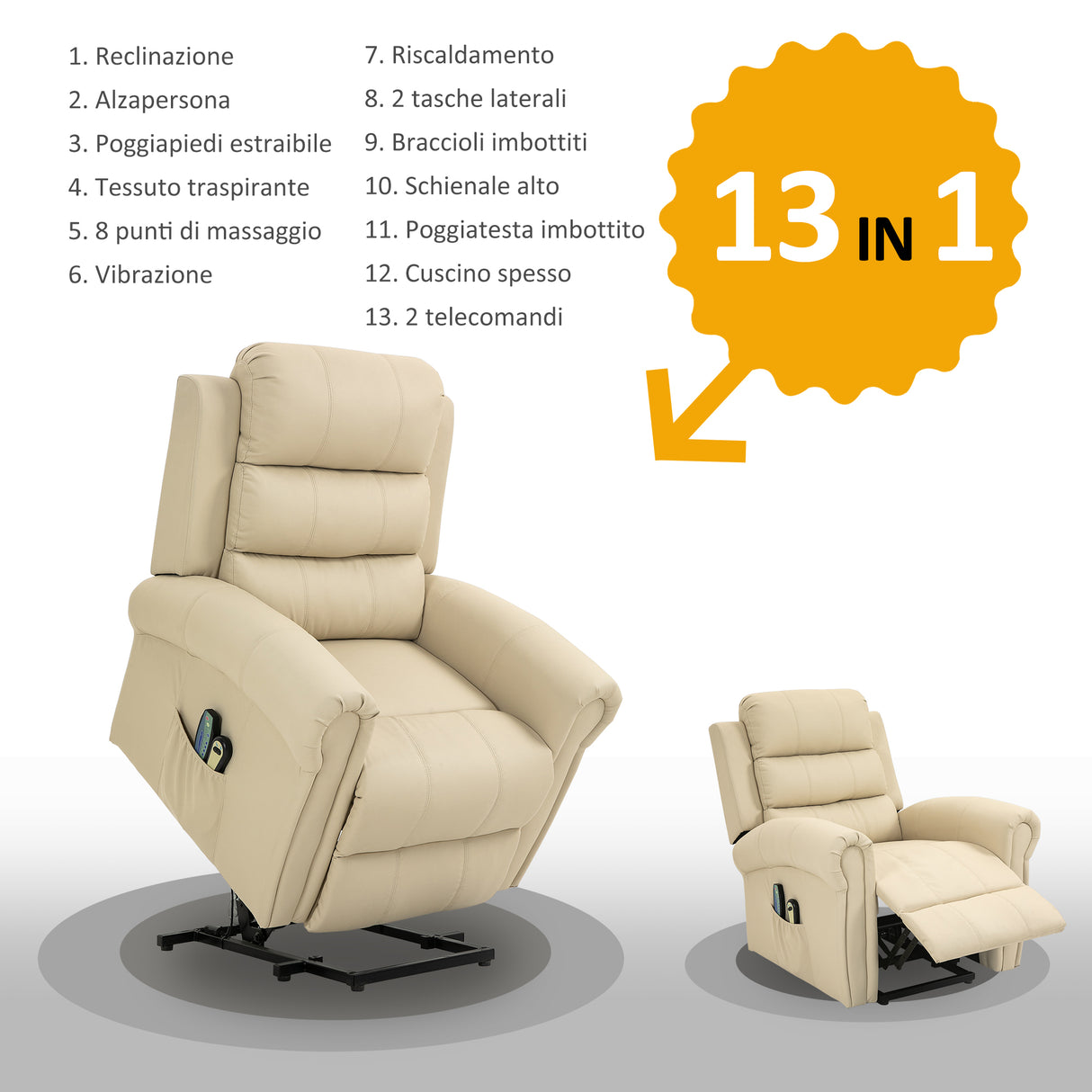 easycomfort easycomfort poltrona relax alzapersona reclinabile con funzione massaggio 98x96x105cm crema