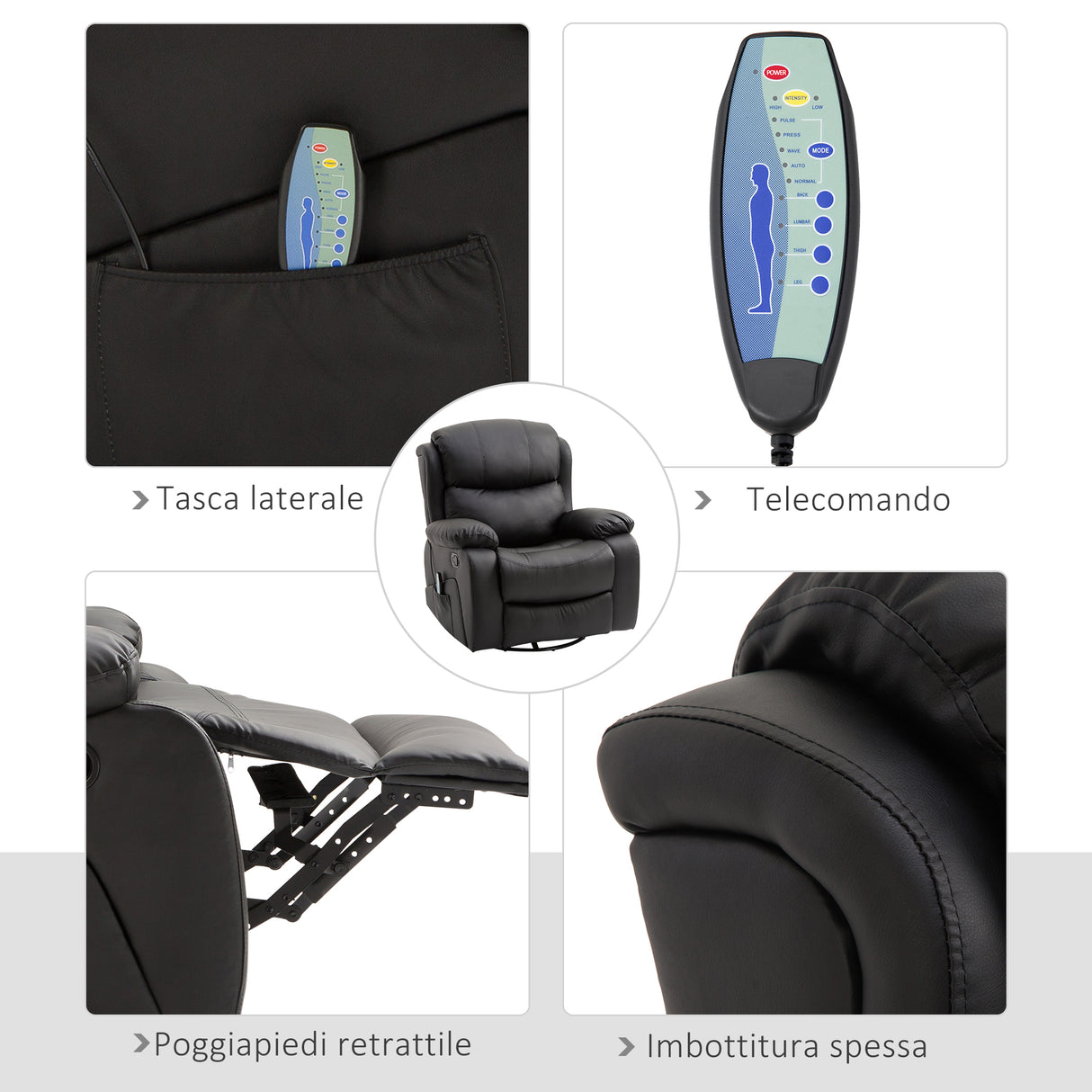 easycomfort easycomfort poltrona relax massaggiante con reclinazione e poggiapiedi 97x92x104cm nero