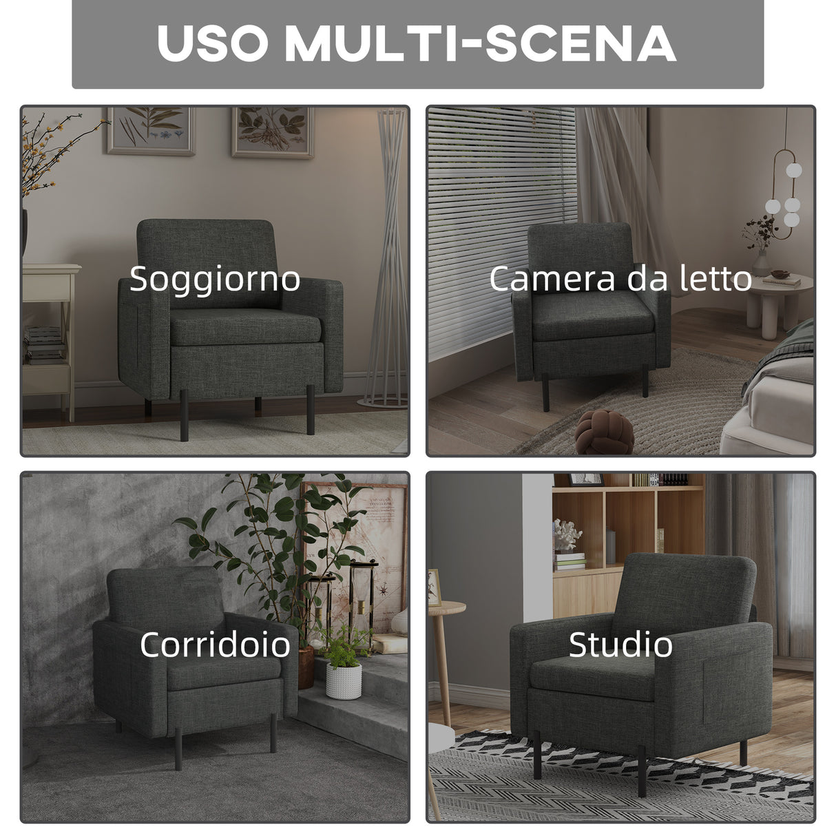 easycomfort easycomfort poltroncina moderna con tessuto effetto lino gambe in acciaio e tasche laterali 73x79x87cm grigio