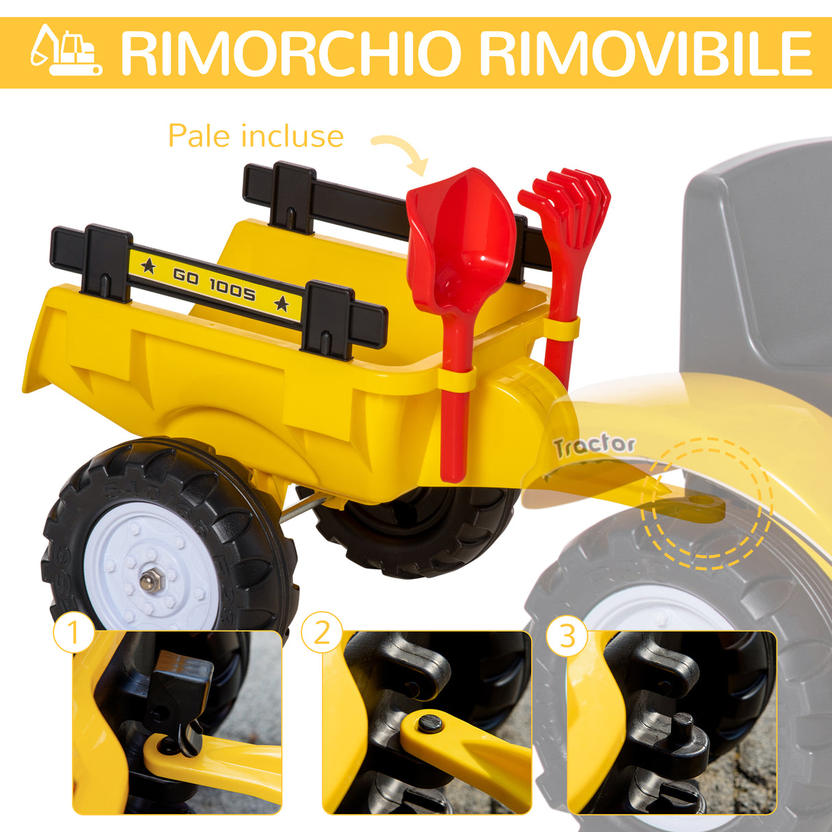 easycomfort easycomfort ruspa giocattolo a pedali con rimorchio staccabile e 6 ruote in acciaio e plastica 163x42x71 cm giallo