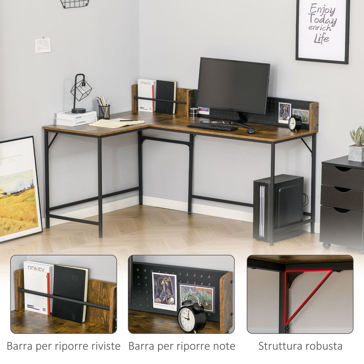 easycomfort easycomfort scrivania angolare in stile industriale per camera e ufficio 165x110x95cm marrone rustico