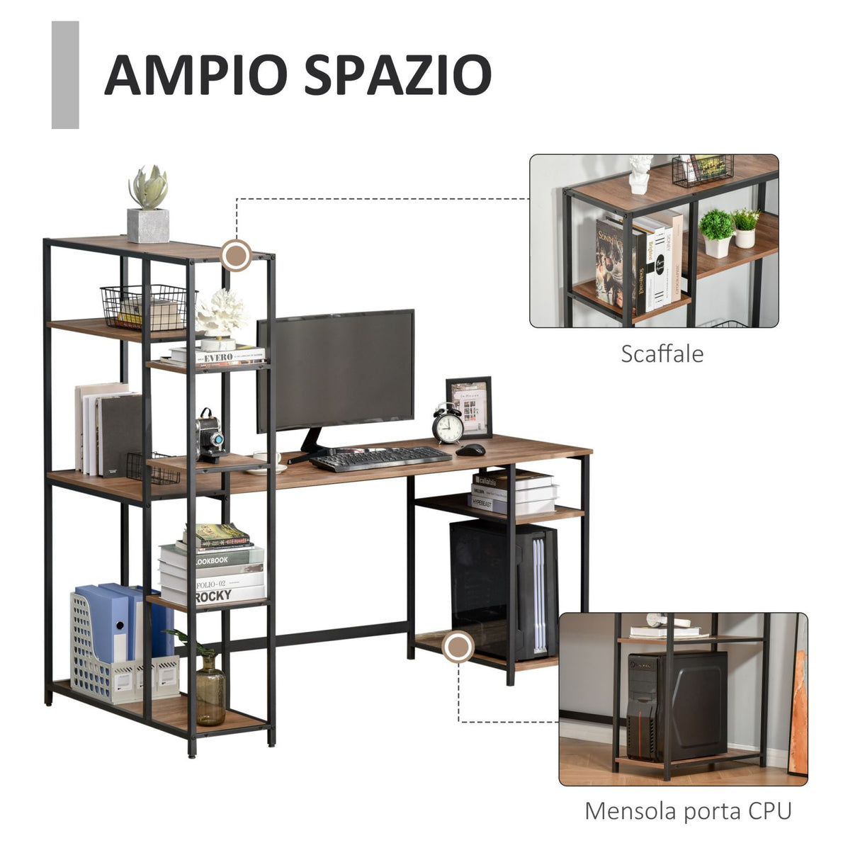 easycomfort easycomfort scrivania con libreria e mensole in stile industriale metallo e mdf 170x90x148 5cm nero e color noce