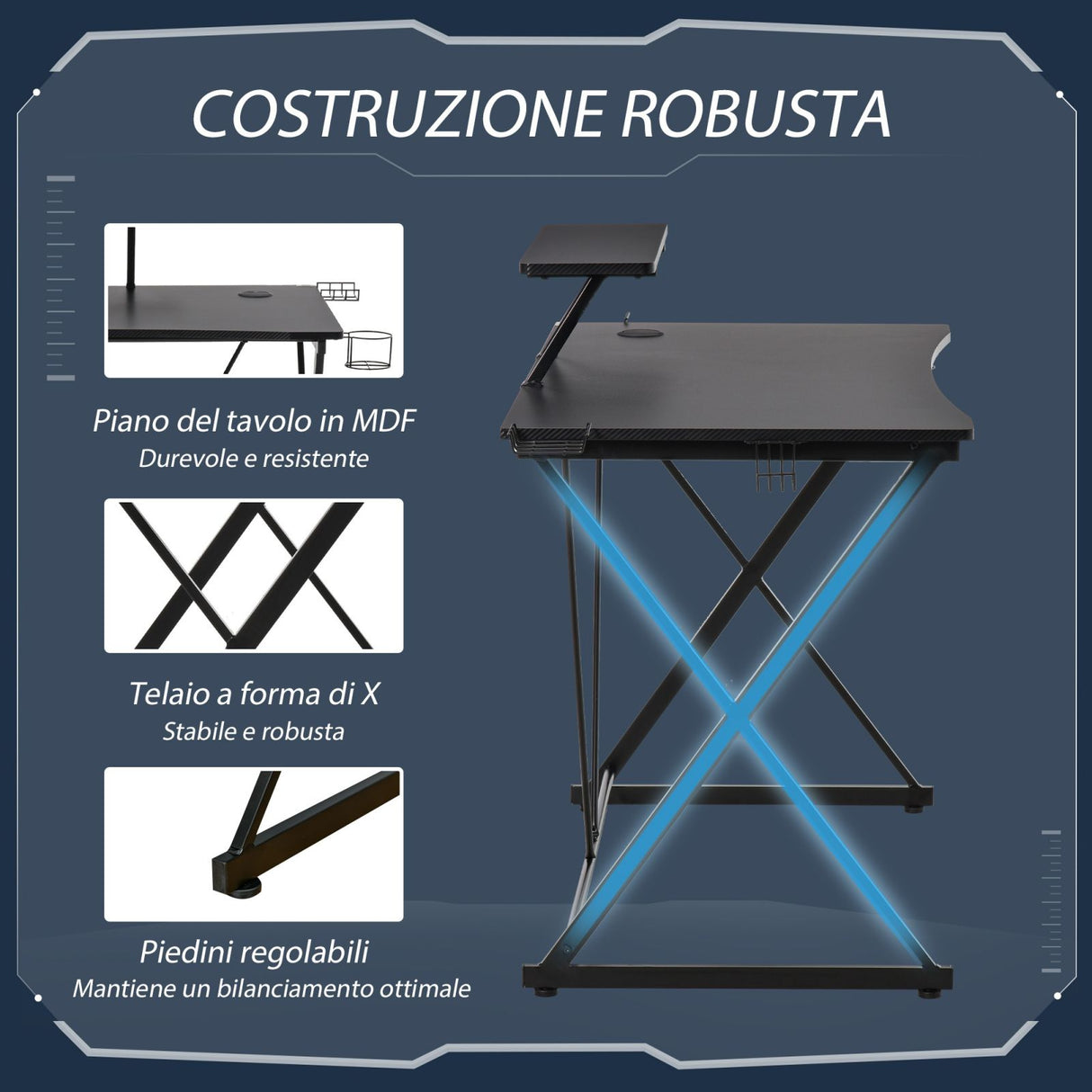 easycomfort easycomfort scrivania gaming con ripiano per monitor e supporti nero