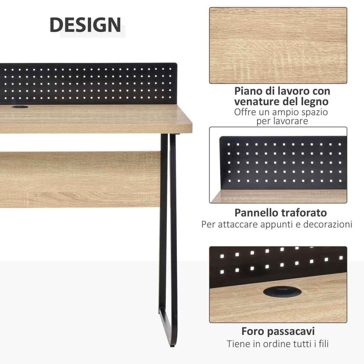 easycomfort easycomfort scrivania moderna con foro passacavi e pannello forato metallo e legno 110x48x90cm legno e nero