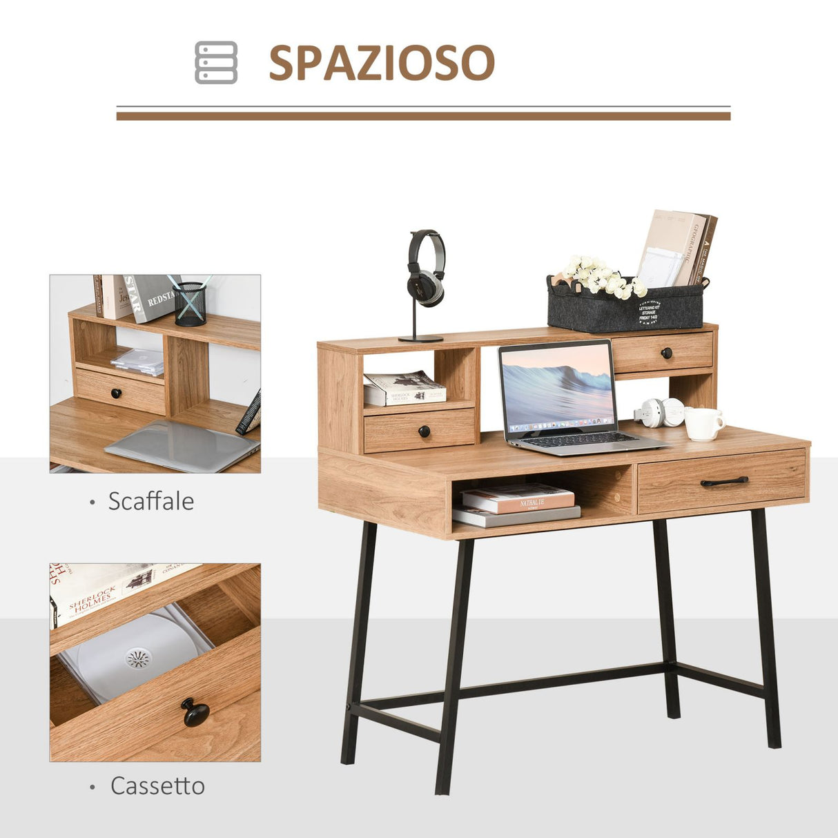 easycomfort easycomfort scrivania ufficio e camera con cassetti e mensole 105x55x100cm legno ean 8054144132556