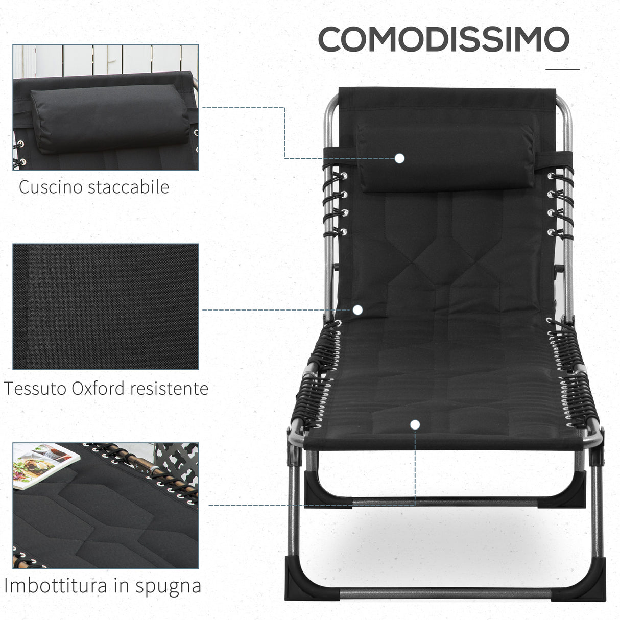easycomfort easycomfort sdraio da giardino con schienale regolabile su 5 livelli poggiatesta e tasca 188x57x30cm