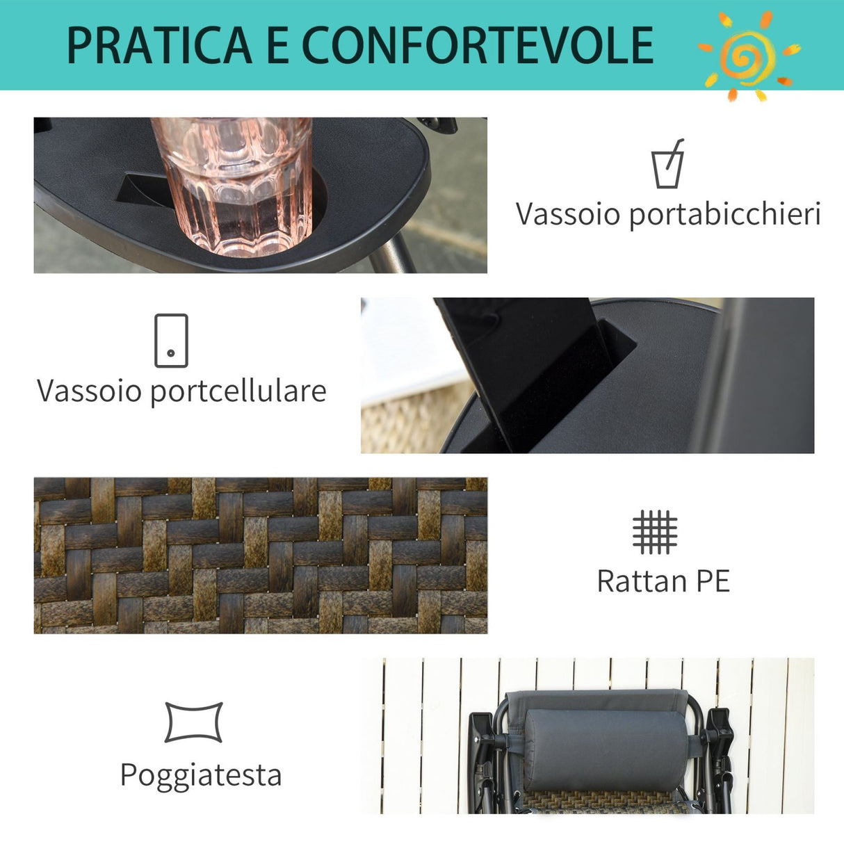 easycomfort easycomfort sedia a sdraio da giardino in rattan pieghevole con poggiatesta e vassoio prendisole struttura in acciaio grigio ean 8054144135250