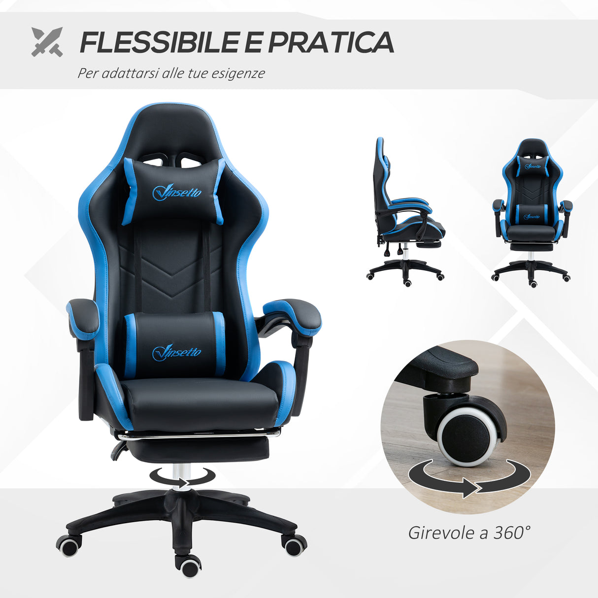 easycomfort easycomfort sedia da gaming con altezza regolabile e schienale reclinabile 65x65x121 129 cm blu e nero