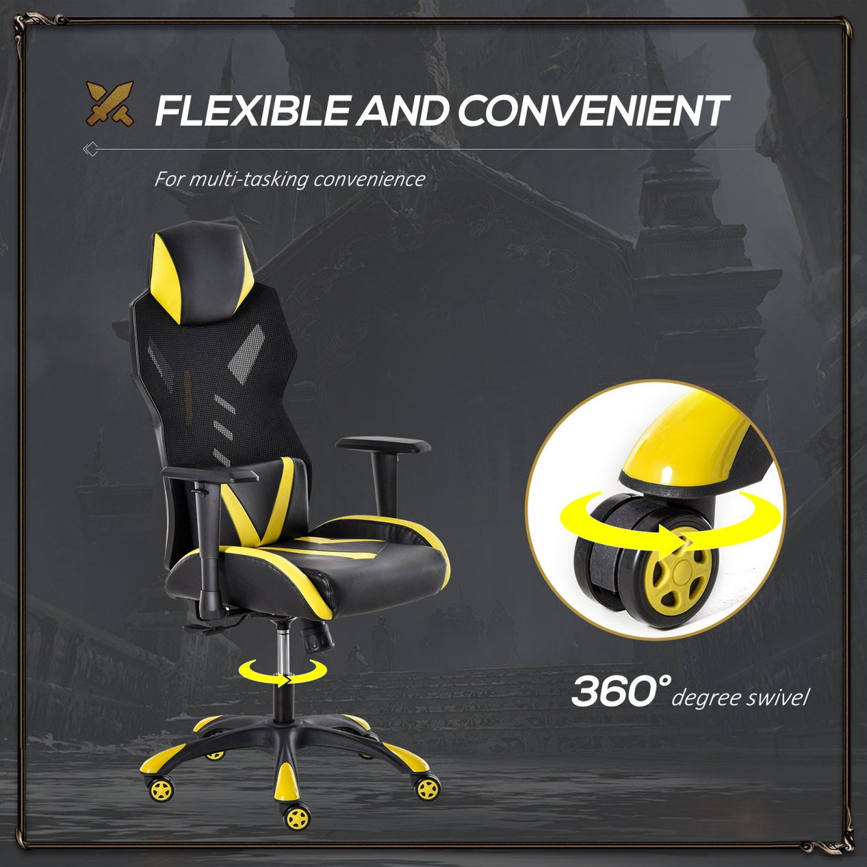 easycomfort easycomfort sedia poltrona gaming ergonomica e girevole con altezza regolabile similpelle e rete nero giallo