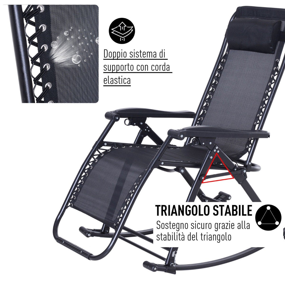 easycomfort easycomfort sedia sdraio a dondolo reclinabile con poggiapiedi e porta bicchieri nero 120x67x102cm ean 8054144133621