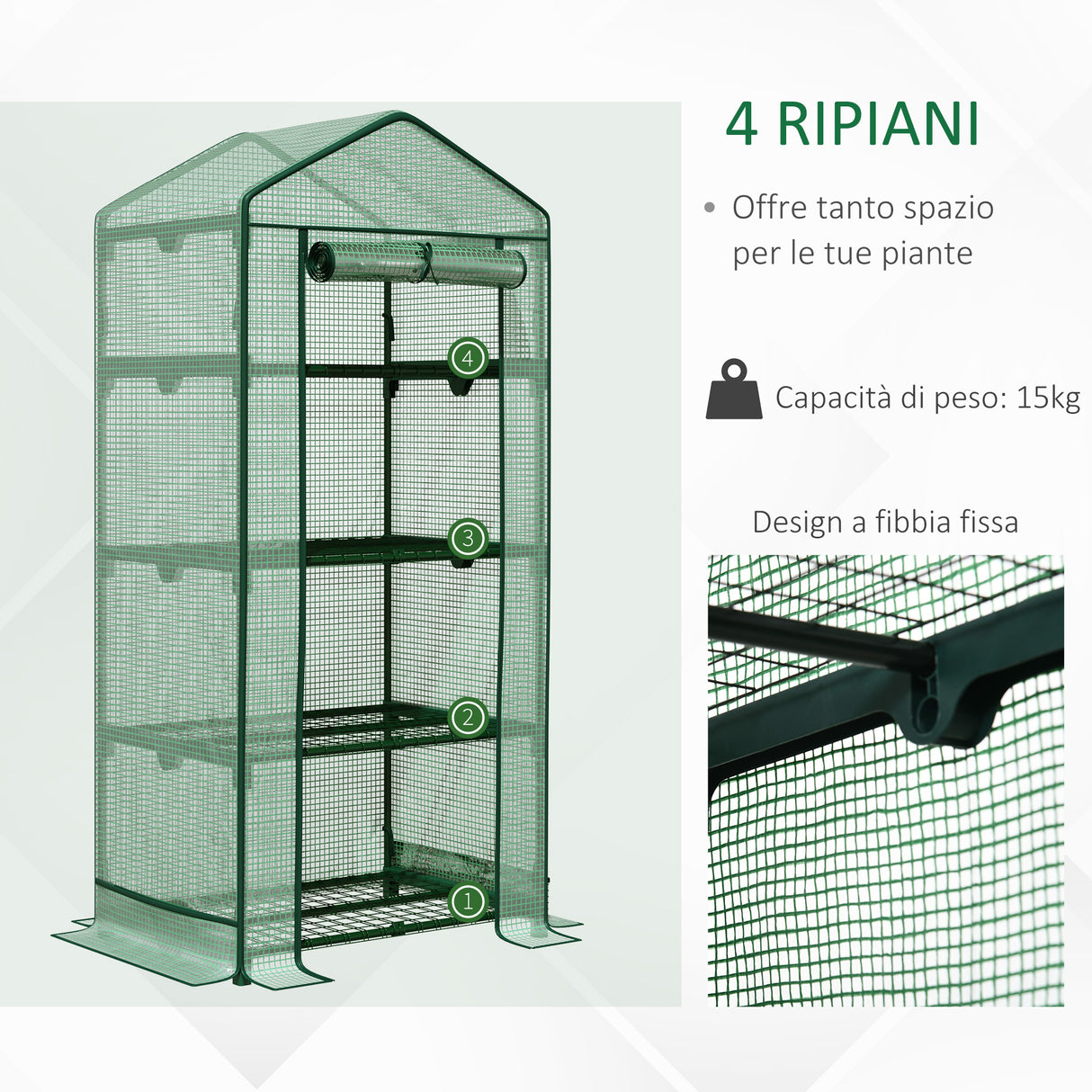 easycomfort easycomfort serra da giardino a 4 ripiani in acciaio copertura in pe e porta avvolgibile 69x49x158 cm verde