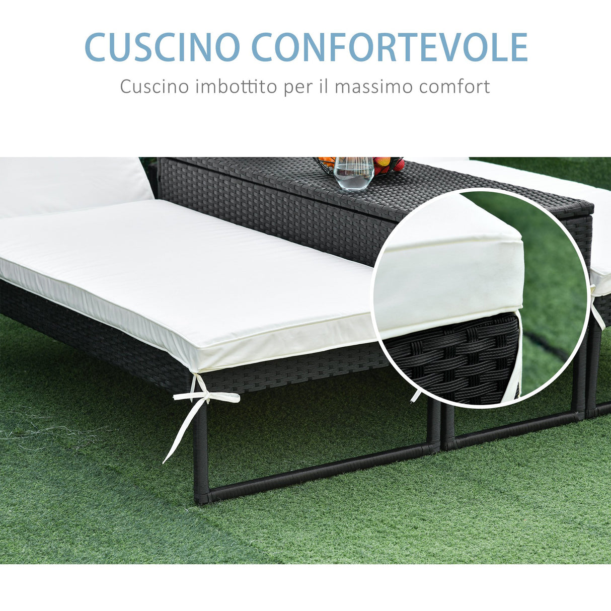 easycomfort easycomfort set 2 lettini prendisole con tavolino in pe rattan nero e materassini bianchi