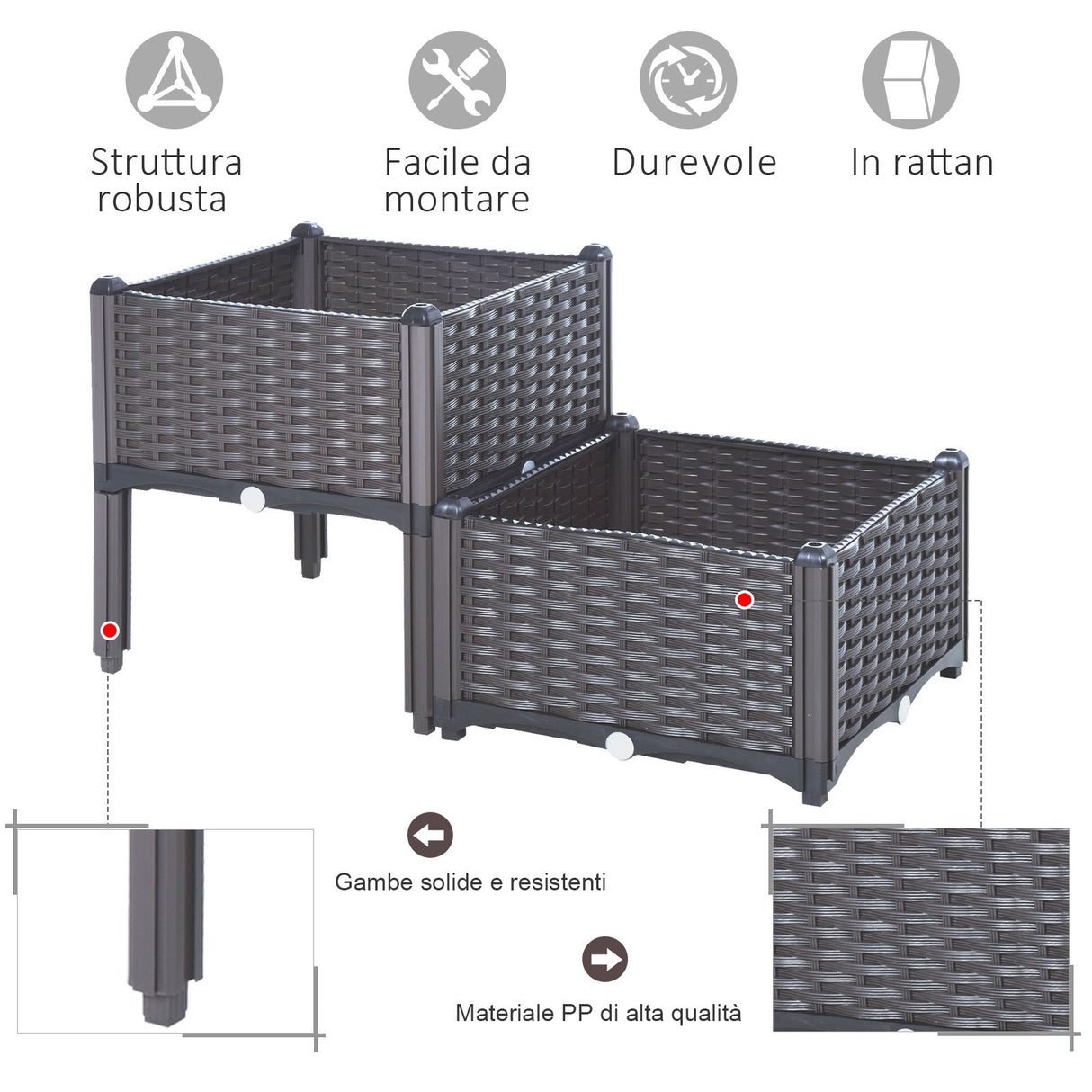 easycomfort easycomfort set 2 pezzi fioriere da esterno autoirriganti rialzate letto da giardino rialzato per fiori effetto rattan in pp marrone ean 8054111842471