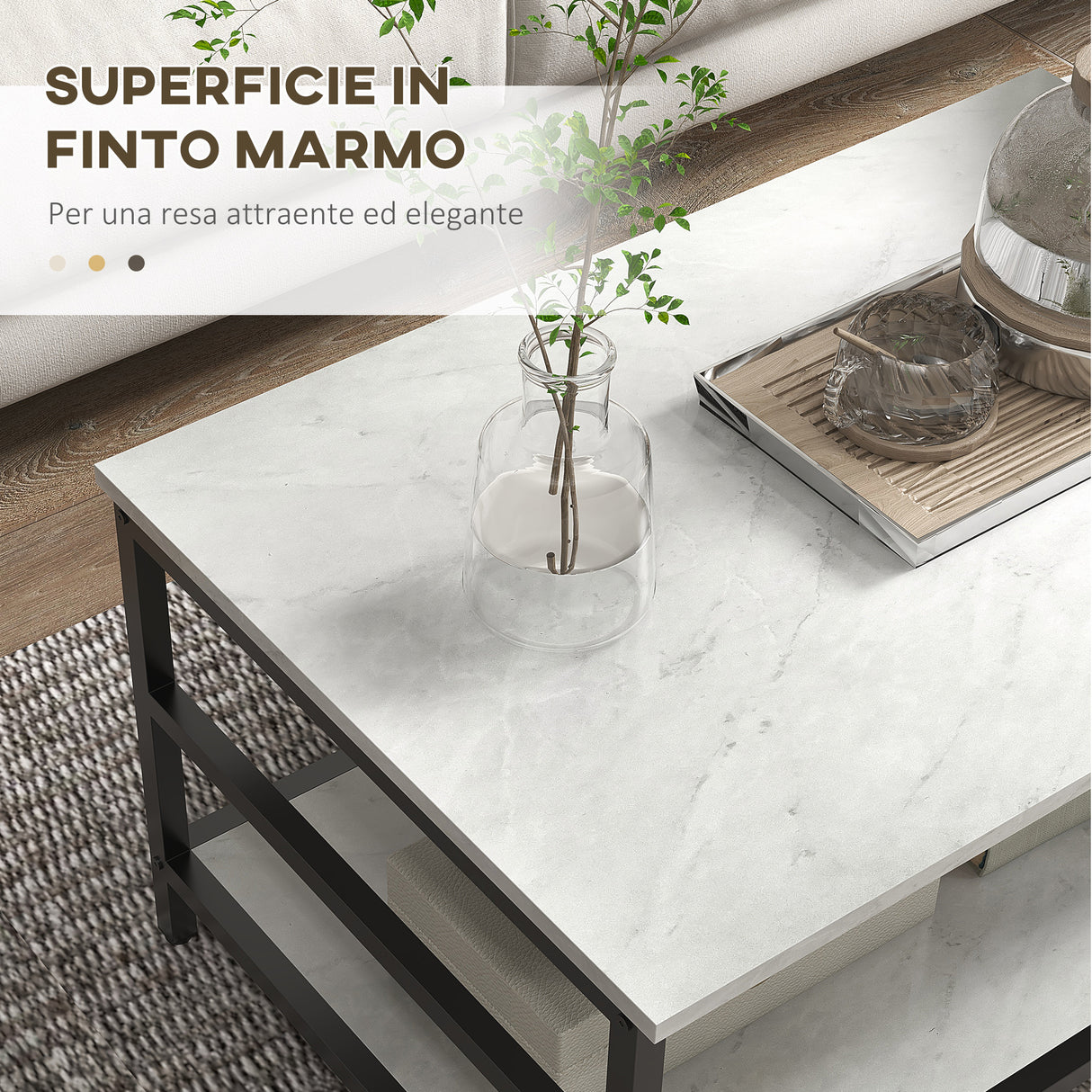 easycomfort easycomfort set 2 tavolini da caffe a 2 livelli in truciolato e acciaio con piano dappoggio effetto marmo bianco e nero