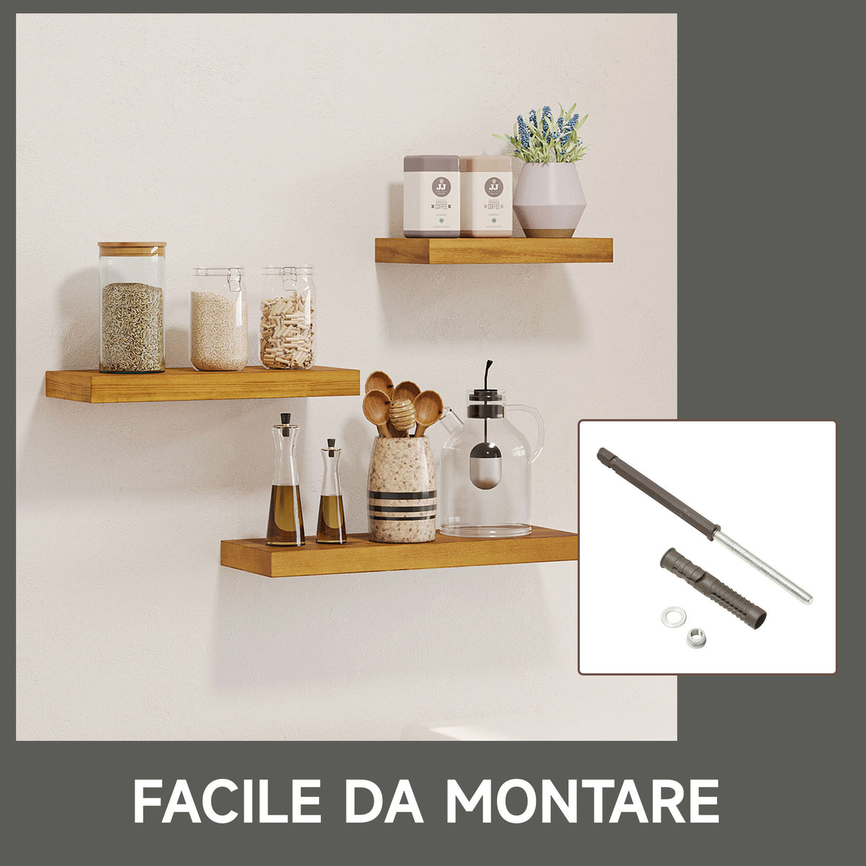 easycomfort easycomfort set da 3 mensole da parete in legno di pino 304050x18x3 6 cm marrone