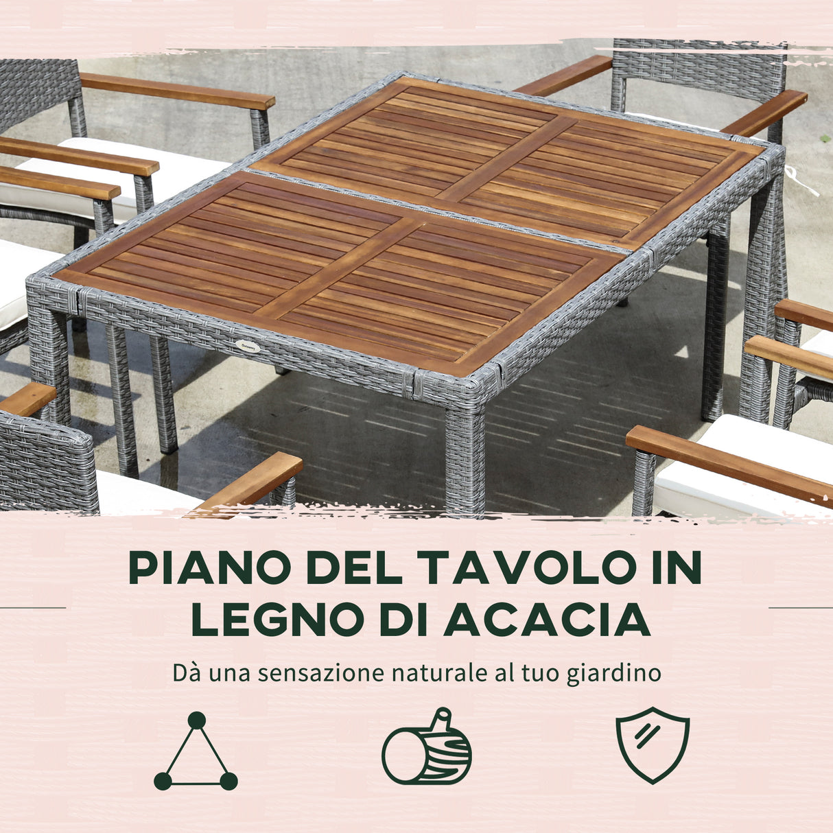 easycomfort easycomfort set da giardino 7 pezzi tavolo in acciaio e 6 sedie in legno e rattan con cuscini grigio