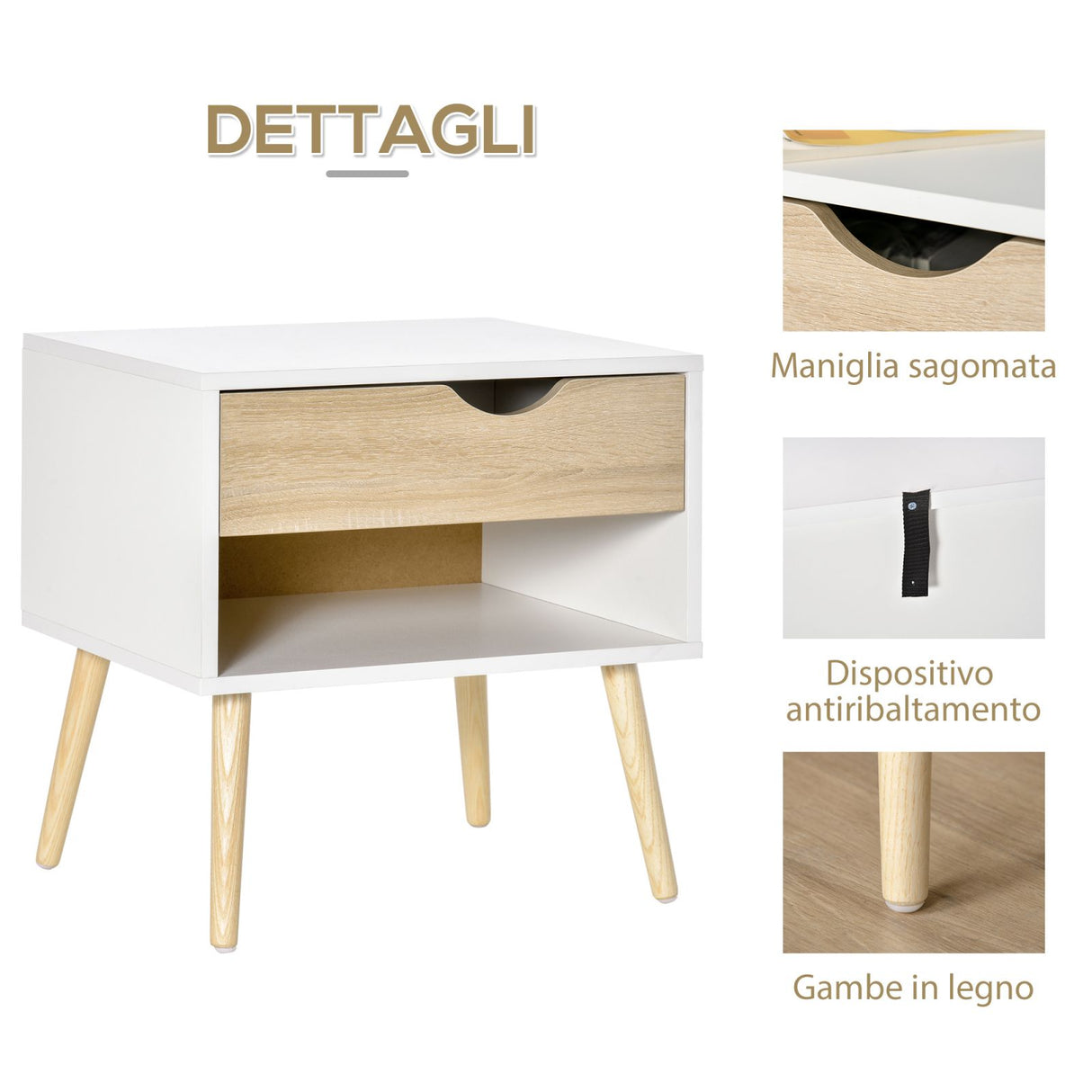 easycomfort easycomfort set di 2 comodini con cassetto e mensola base rialzata e gambe in legno 50x39x51cm bianco e rovere