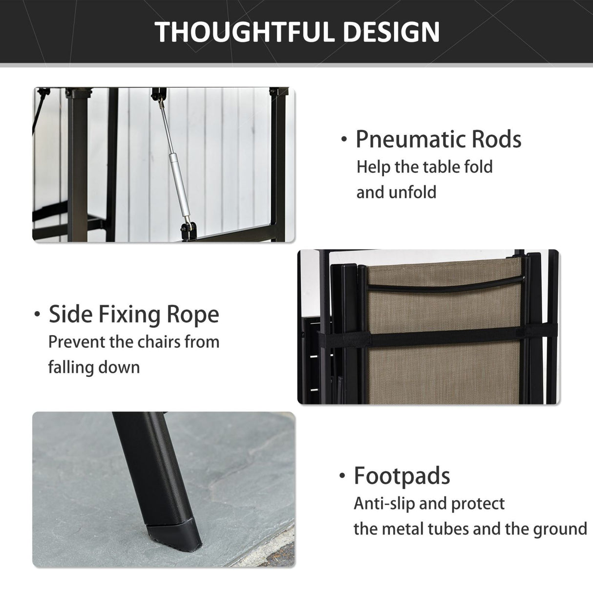 easycomfort easycomfort set mobile da giardino con 2 sedie pieghevoli e tavolo con mensola laterale in metallo e textilene marrone e nero