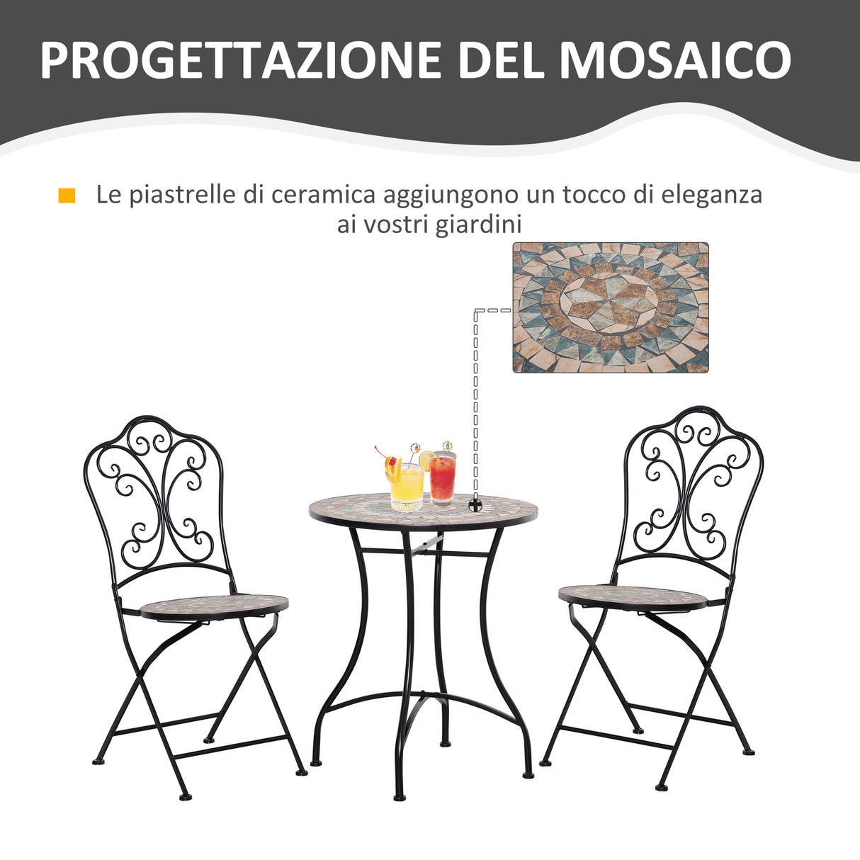 easycomfort easycomfort set mobili da giardino 3 pezzi con 2 sedie pieghevoli e tavolo da caffe in ceramica e metallo nero