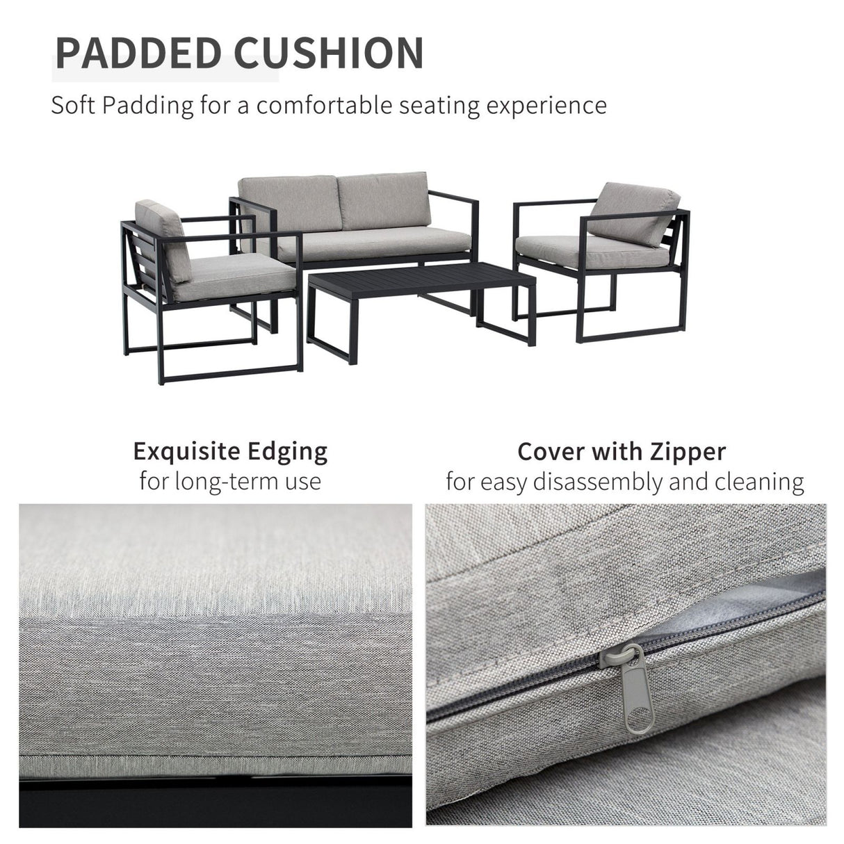 easycomfort easycomfort set mobili da giardino con divano 2 posti 2 poltrone e tavolino in alluminio con cuscini grigio e nero ean 8055776915517