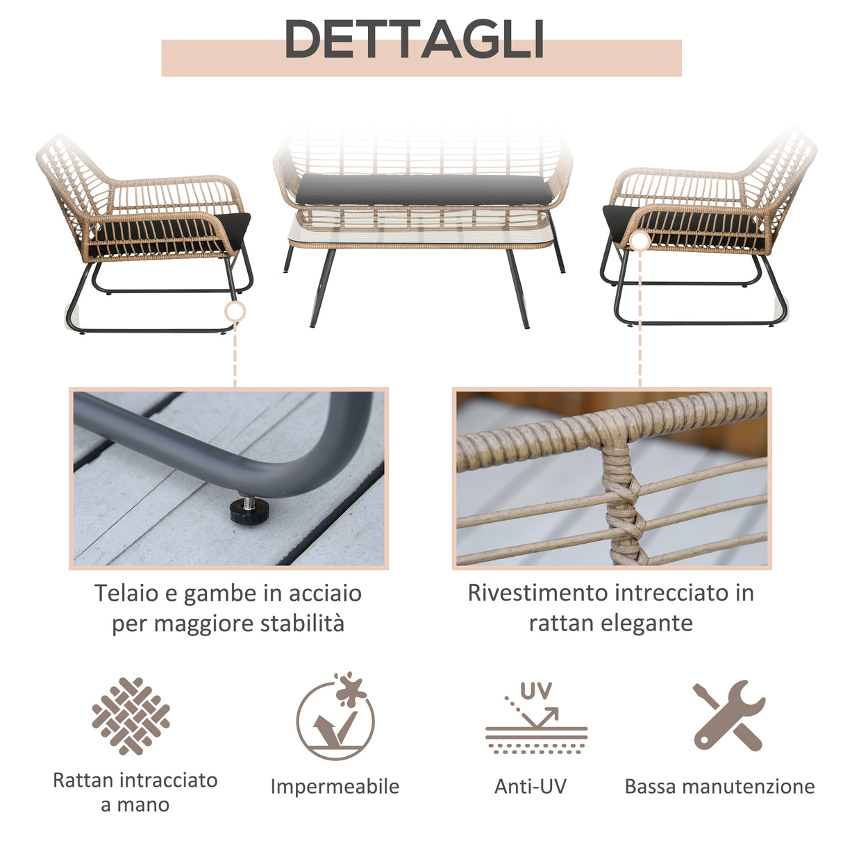 easycomfort easycomfort set mobili da giardino in rattan pe con 2 poltrone divanetto e tavolino con ripiano in vetro