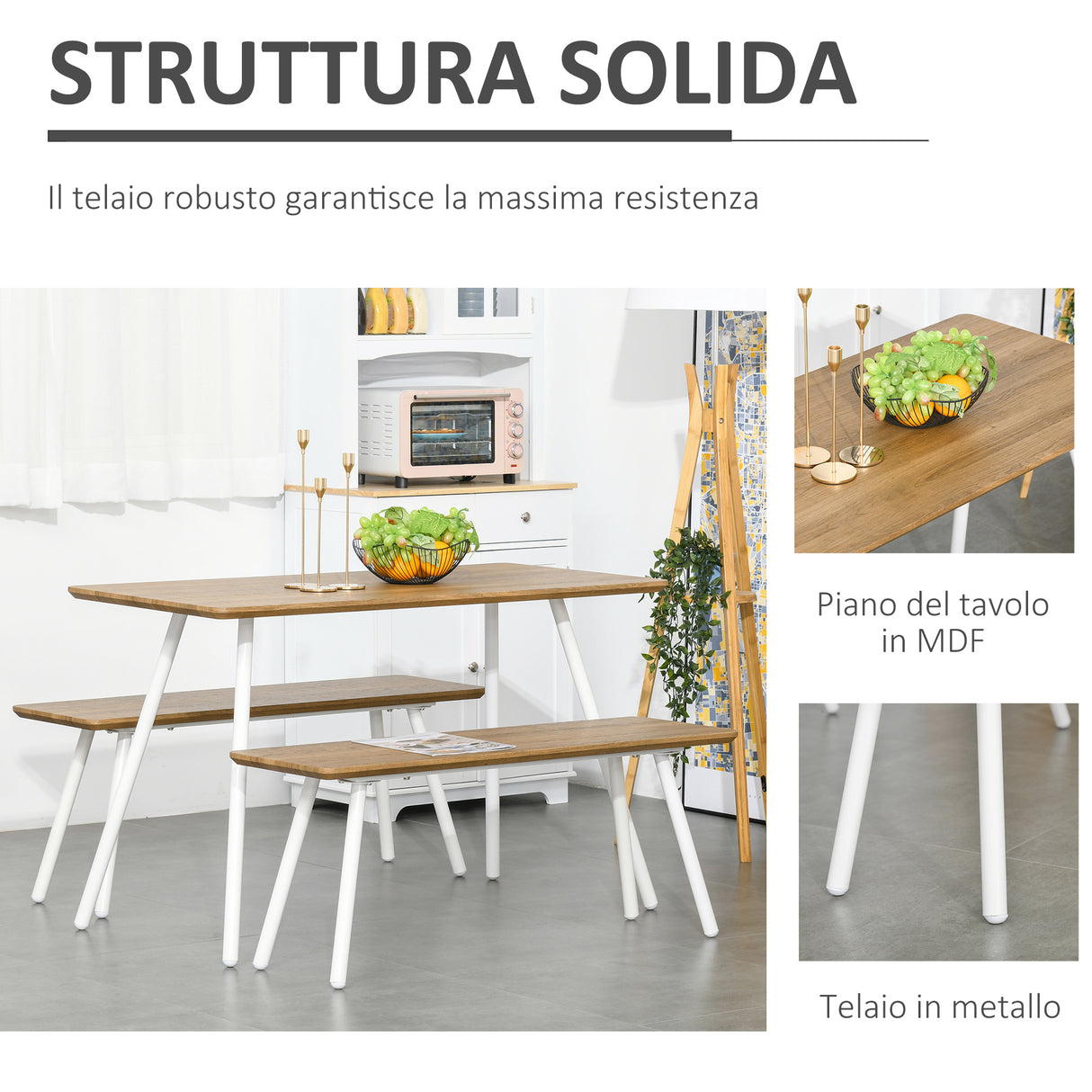 easycomfort easycomfort set tavolo da pranzo con 2 panche in stile nordico in mdf e metallo bianco