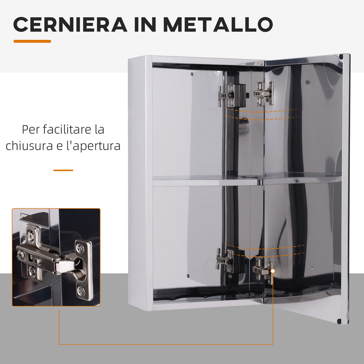 easycomfort easycomfort specchiera bagno in acciaio con anta e vano contenitore a 2 ripiani 55x14x30cm