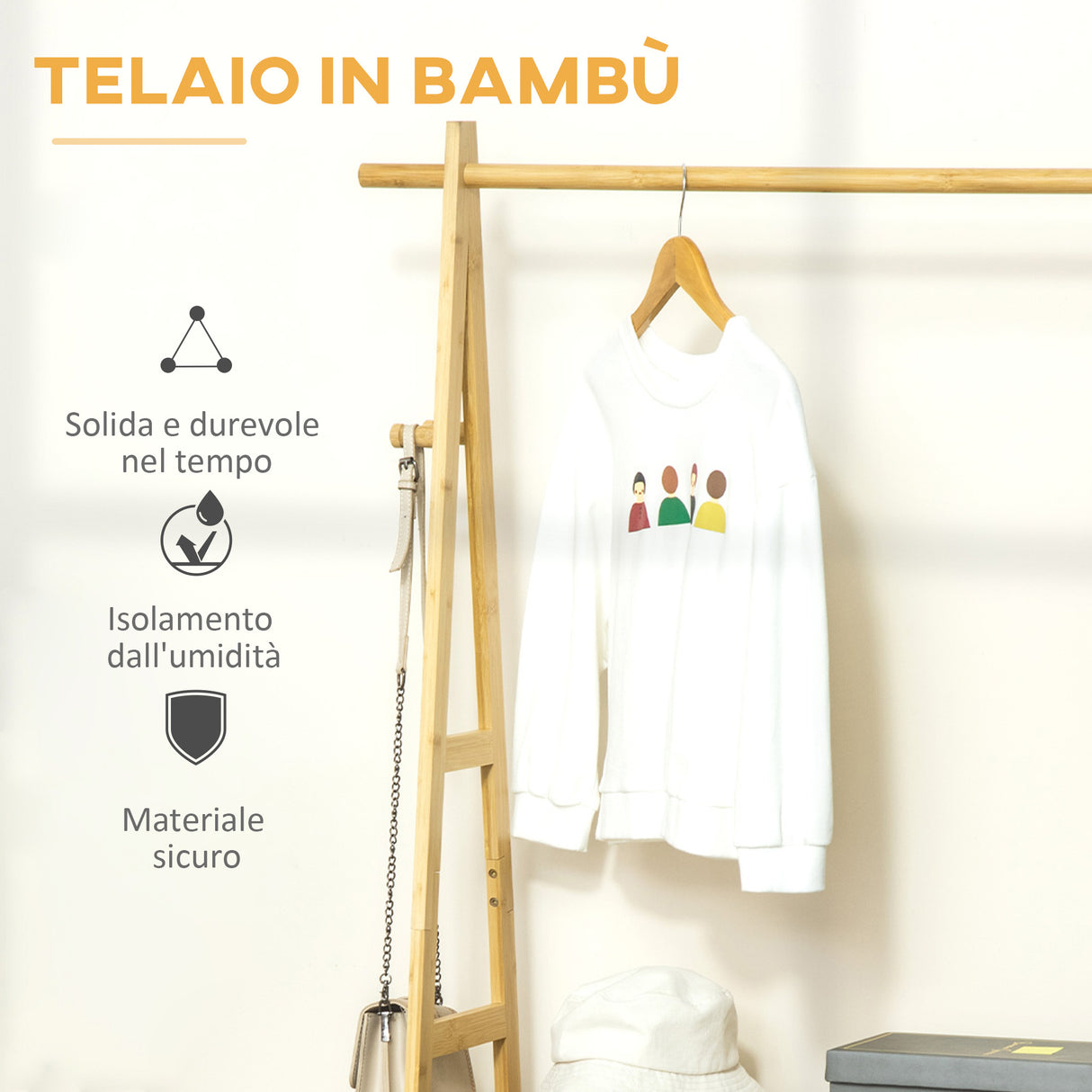 easycomfort easycomfort stand appendiabiti con 2 scaffali e 4 ganci laterali struttura in bambu 100l x 42p x 155acm color legno