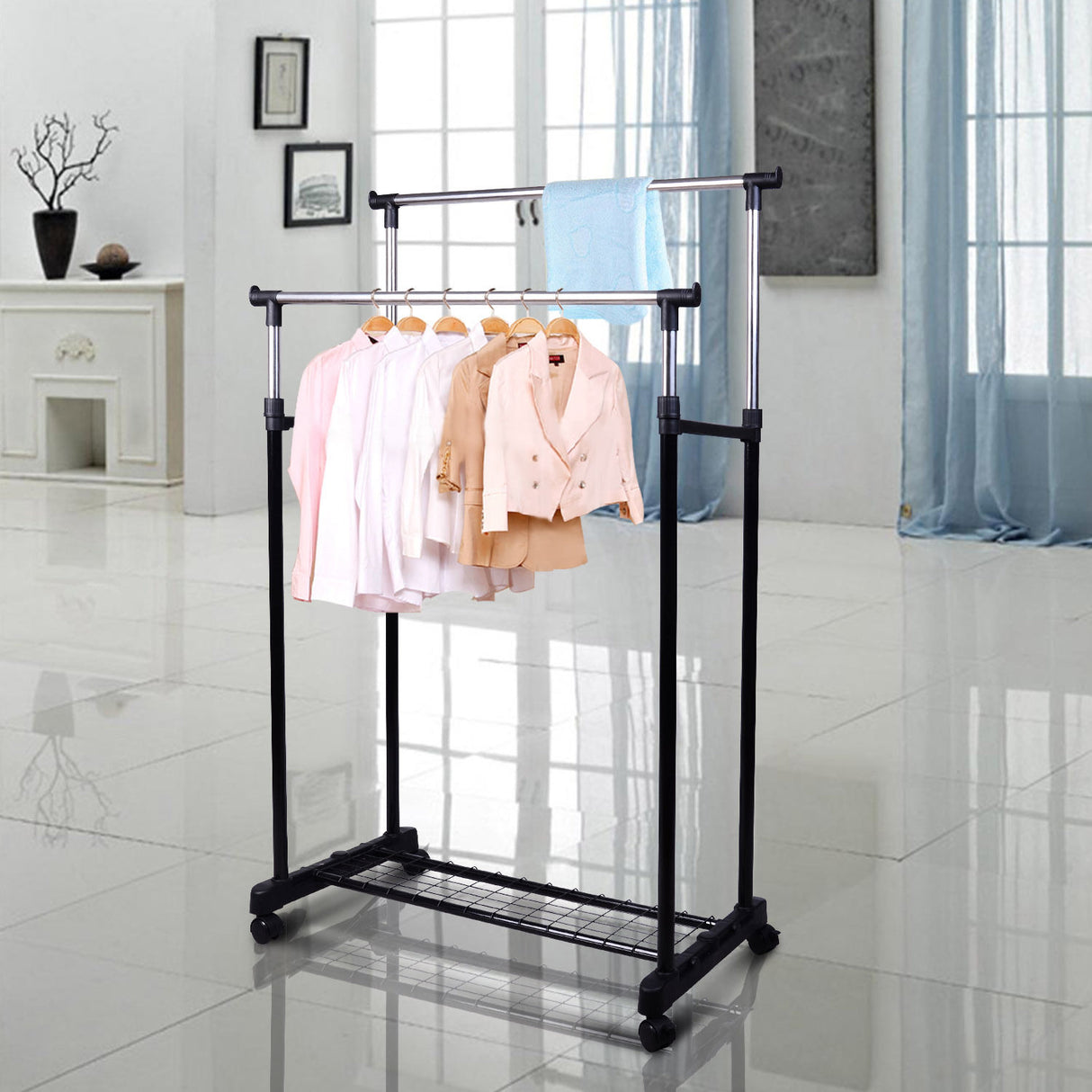 easycomfort easycomfort stender porta abiti doppio per vestiti con scarpiera in acciaio inox su ruote altezza regolabile ean 8054111843126