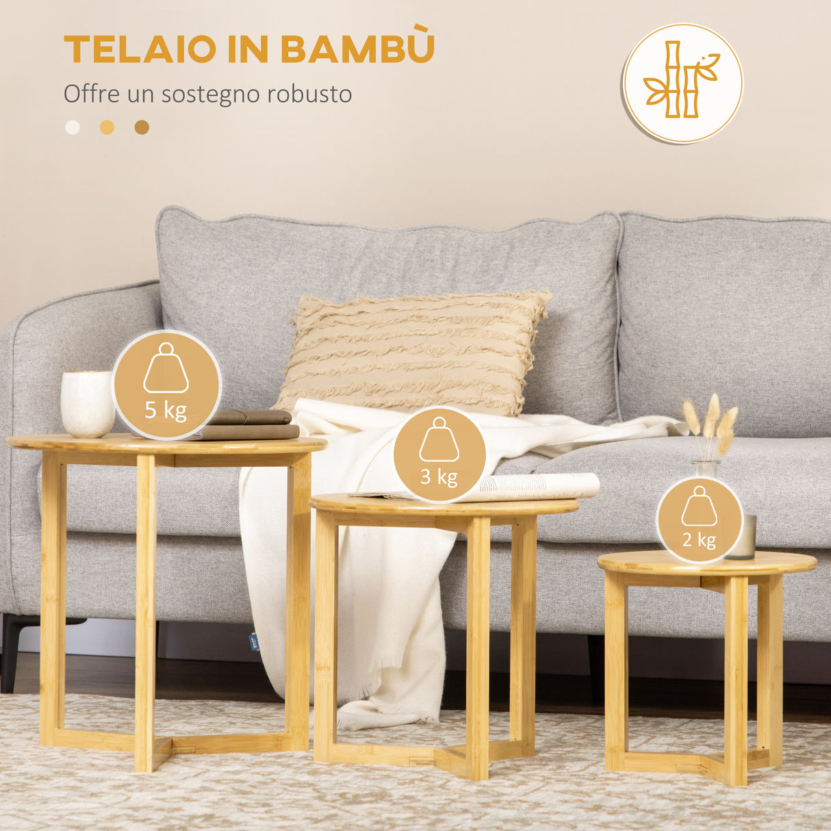easycomfort easycomfort tavolini da salotto 3 pezzi in bambu con design impilabile 48x4840x4032x32 cm