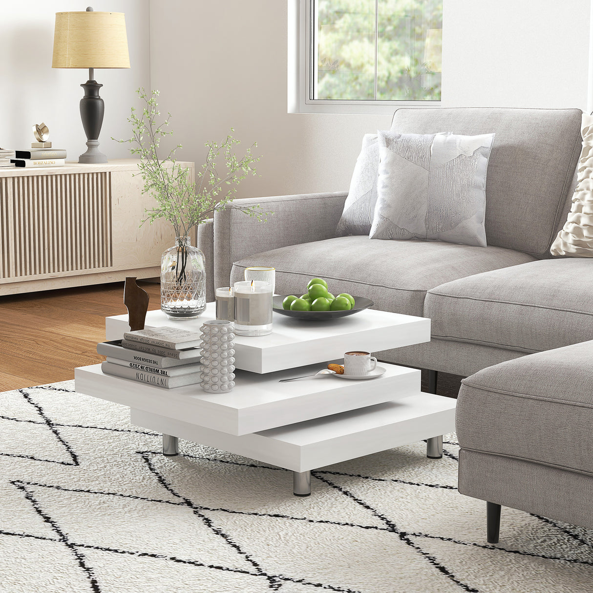 easycomfort easycomfort tavolino da caffe da salotto e studio a 3 livelli in mdf con 2 piani rotanti 60x60x33 5 cm bianco