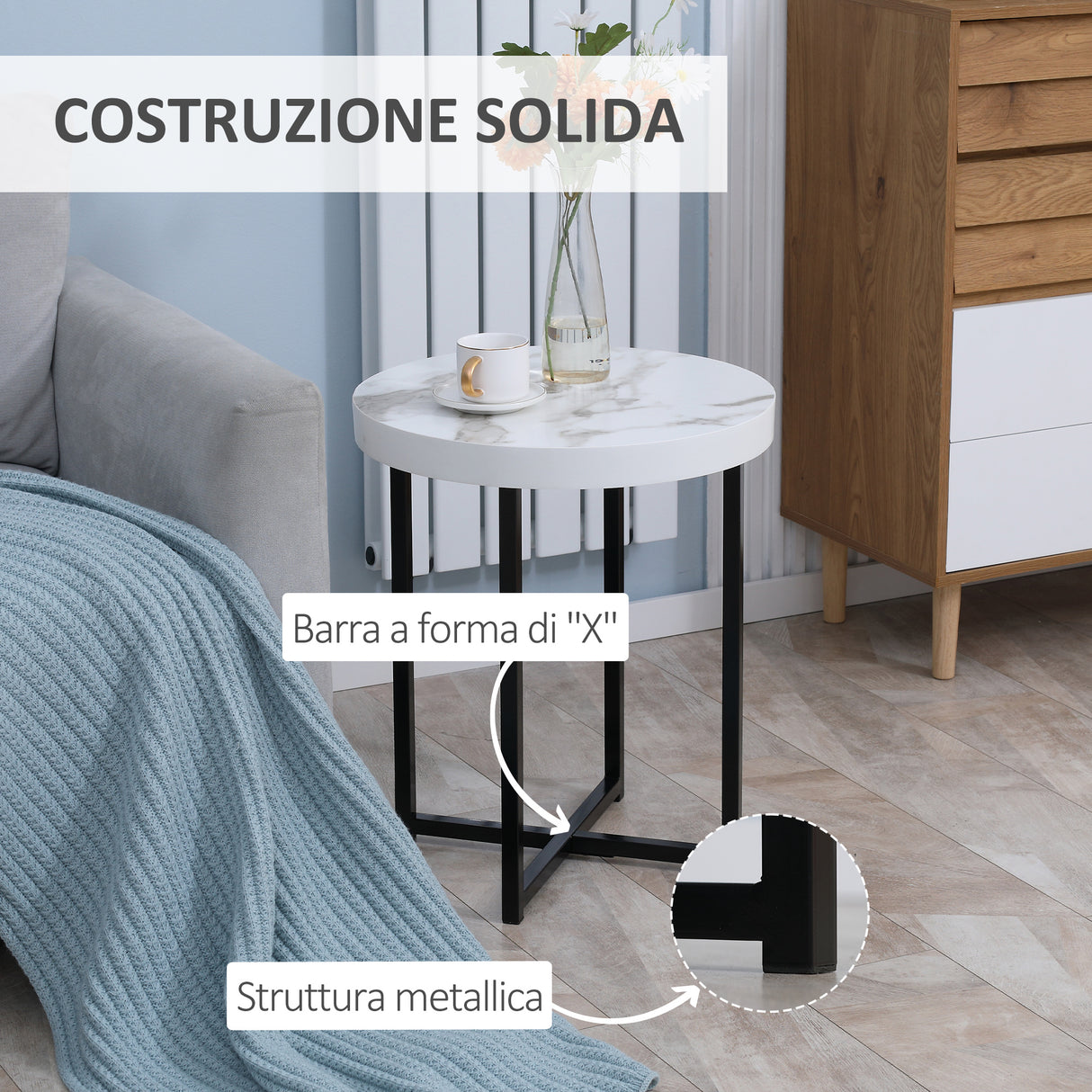 easycomfort easycomfort tavolino da caffe rotondo con base a x in mdf e metallo 48x48x56 5cm bianco