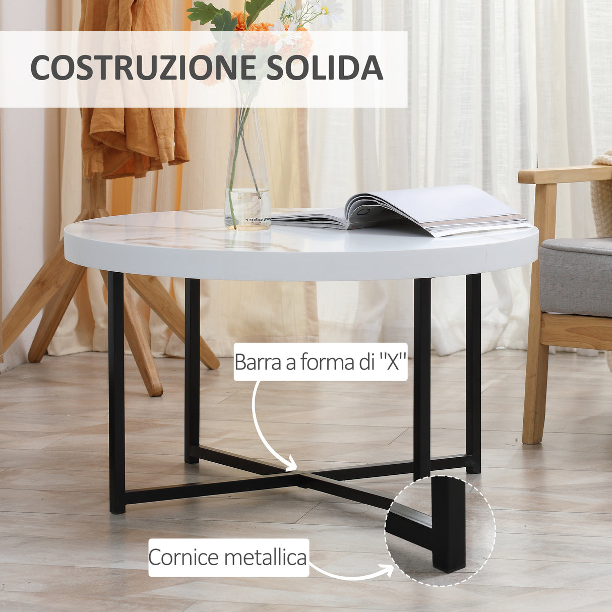 easycomfort easycomfort tavolino da caffe rotondo con piano effetto marmo in mdf e gambe in metallo 80x45 cm bianco
